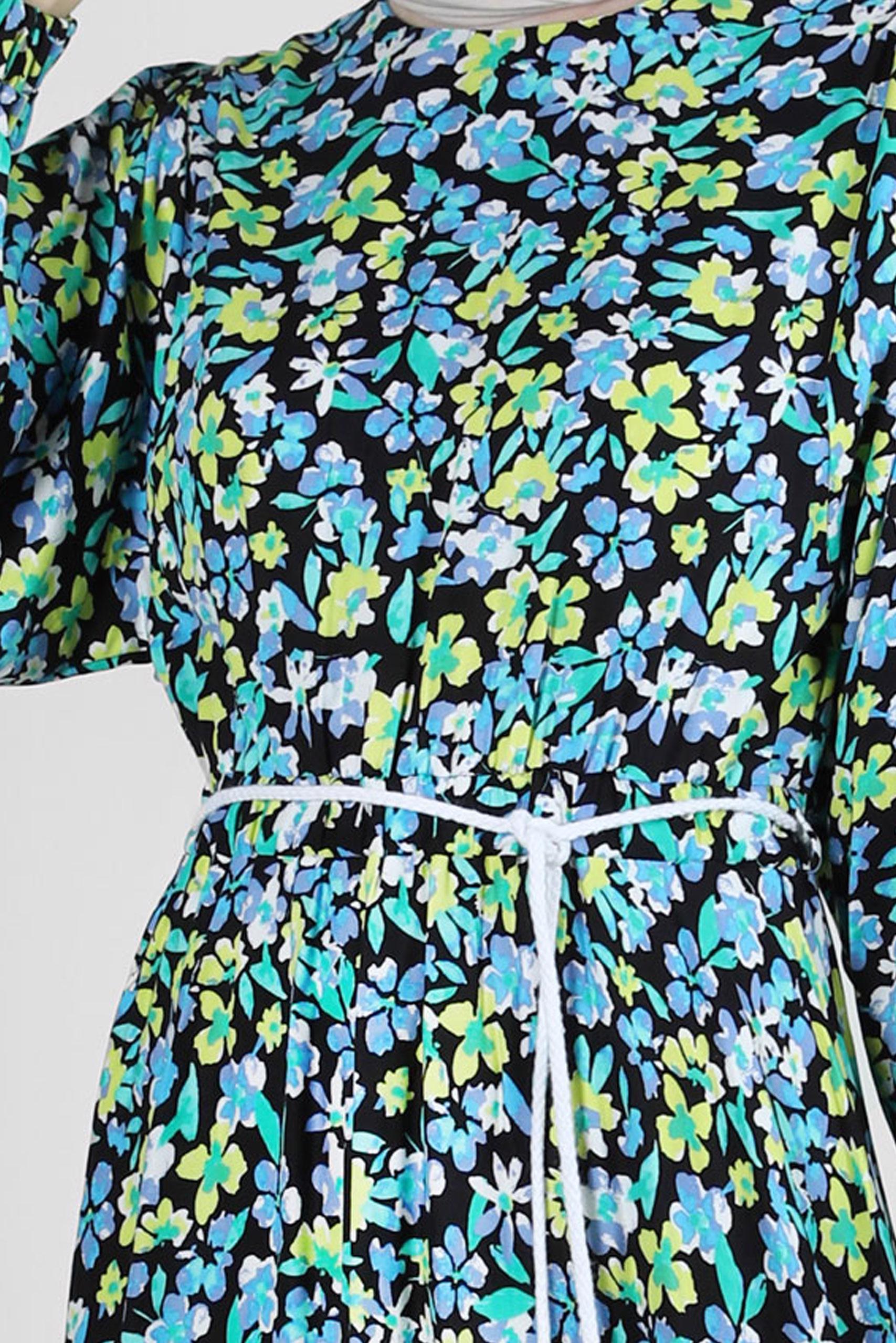 Tesettür giyim MAVİ ÇİÇEK DESENLİ PİLİSELİ ELBİSE 43649