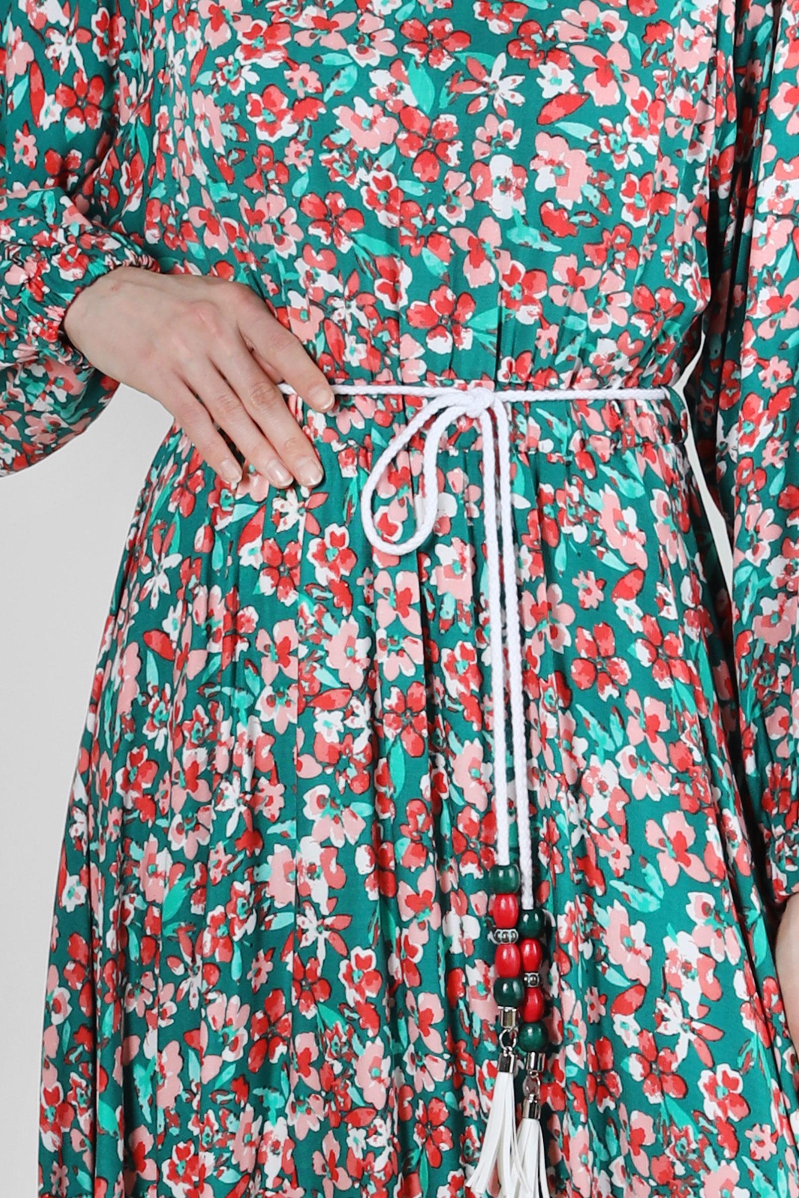 Tesettür giyim YEŞİL ÇİÇEK DESENLİ PİLİSELİ ELBİSE 43649