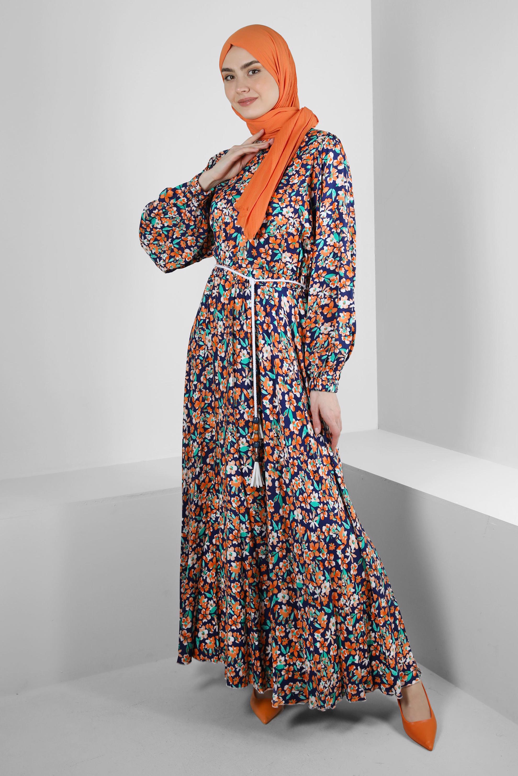 Tesettür giyim TURUNCU ÇİÇEK DESENLİ PİLİSELİ ELBİSE 43649