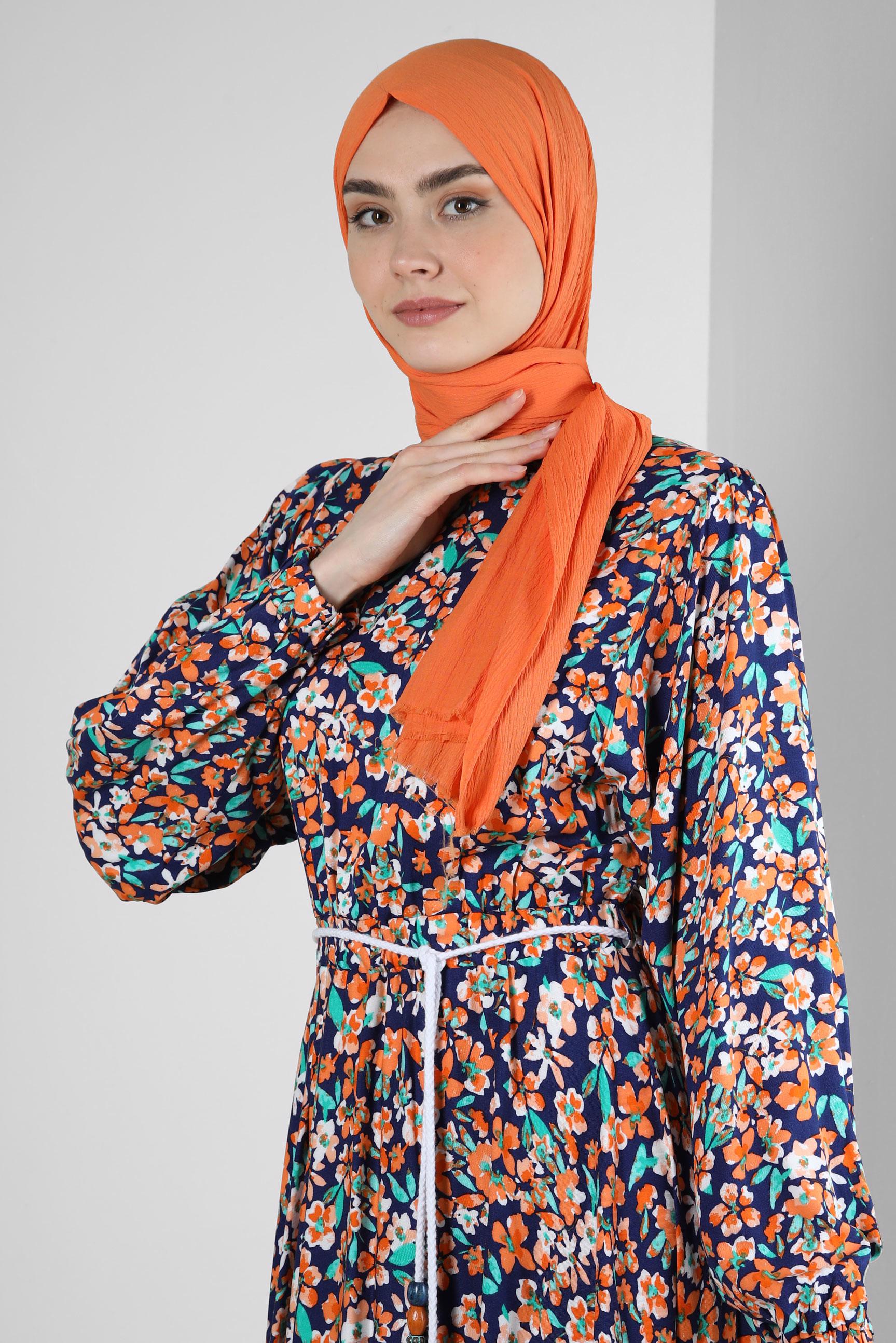 Tesettür giyim TURUNCU ÇİÇEK DESENLİ PİLİSELİ ELBİSE 43649