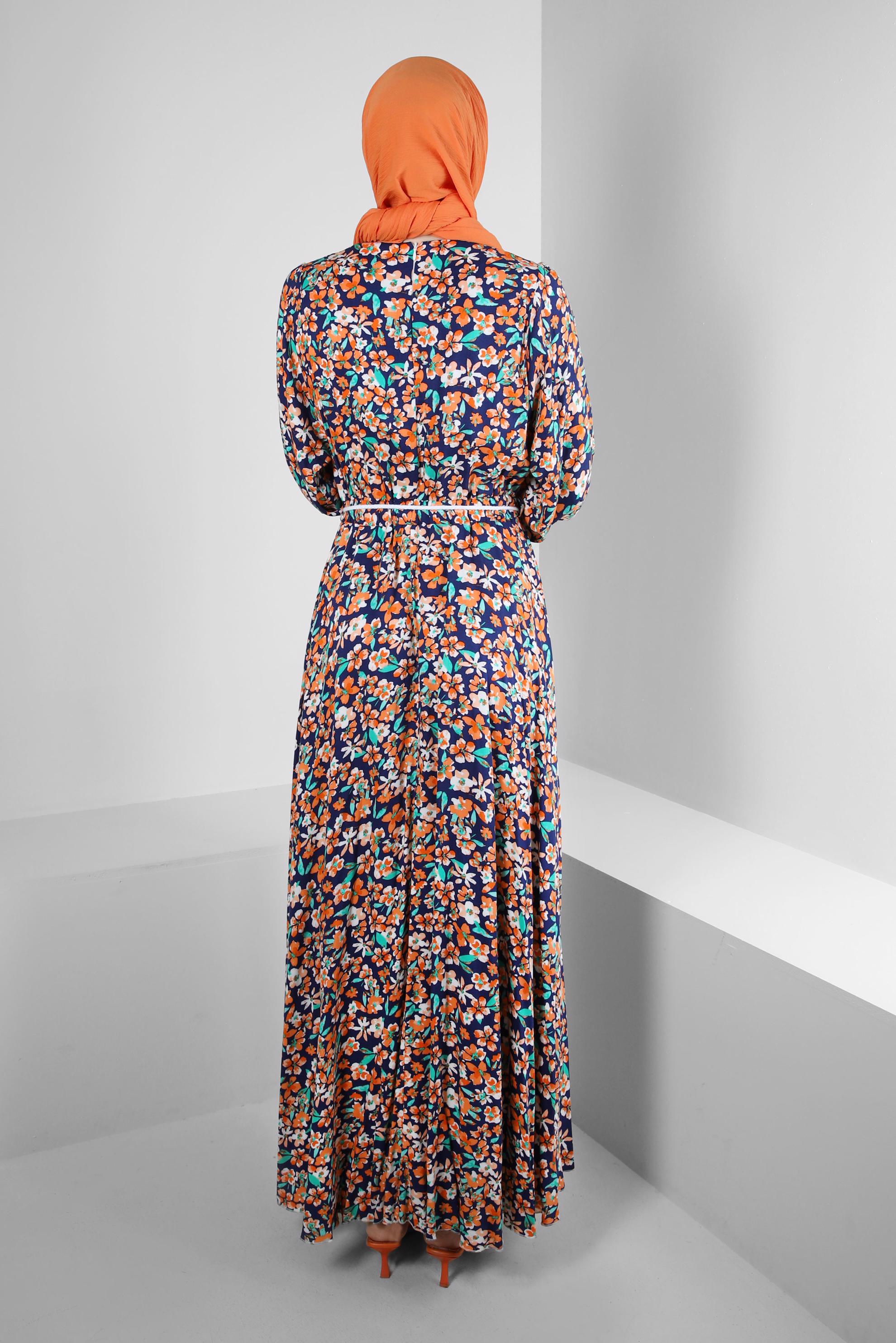 Tesettür giyim TURUNCU ÇİÇEK DESENLİ PİLİSELİ ELBİSE 43649