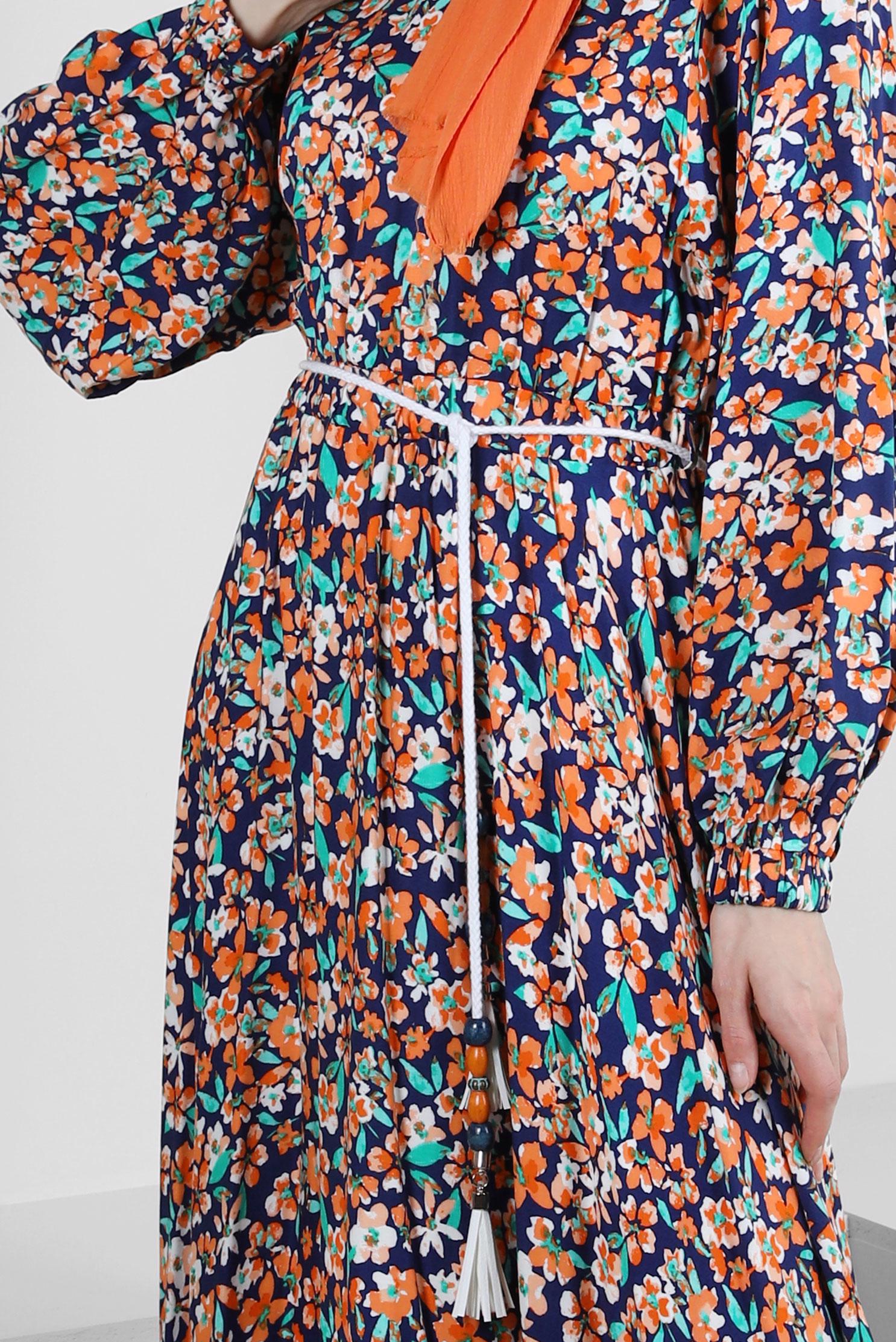 Tesettür giyim TURUNCU ÇİÇEK DESENLİ PİLİSELİ ELBİSE 43649