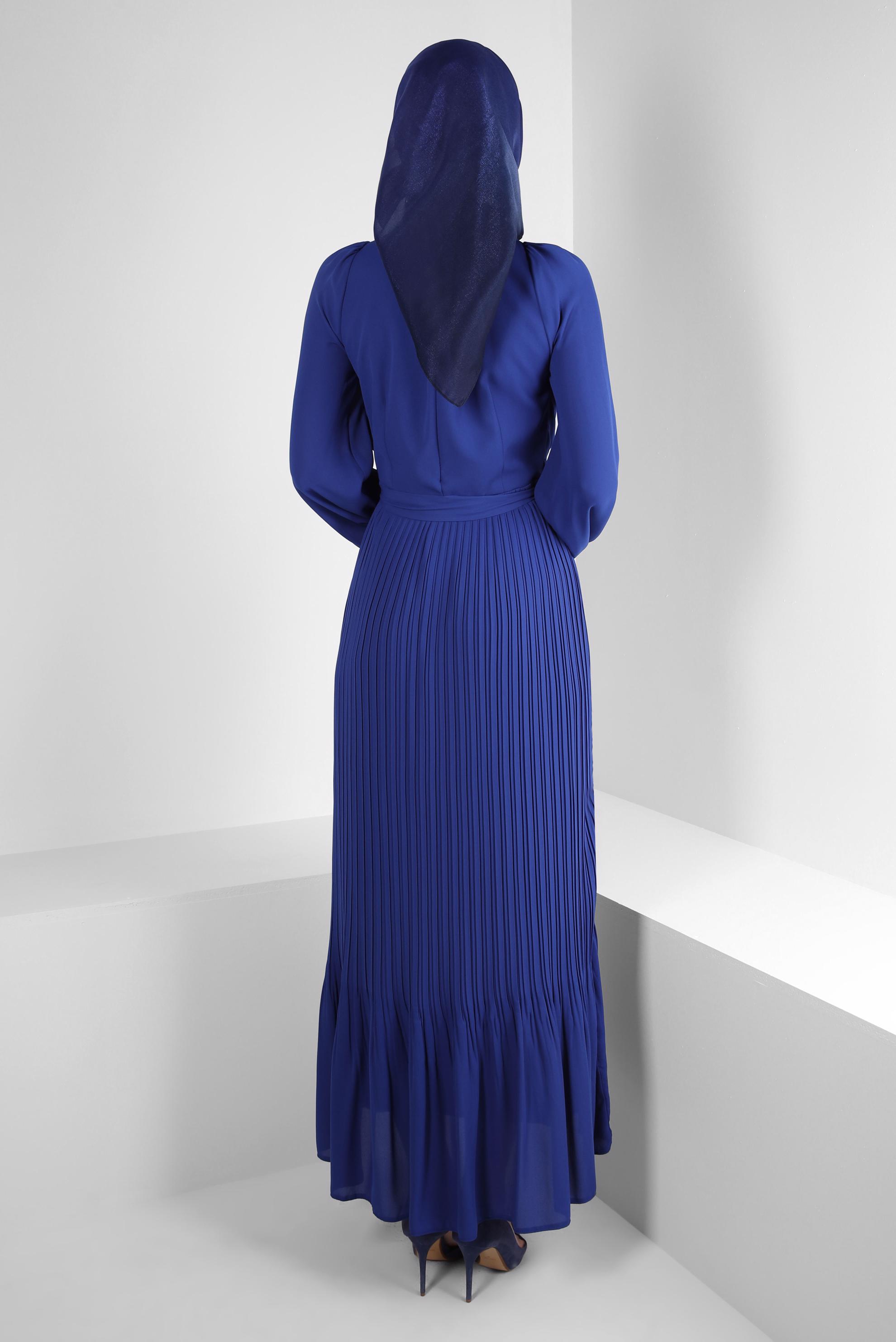 Tesettür giyim LACİVERT ETEK UCU VOLANLI PİLİSELİ ELBİSE 43653