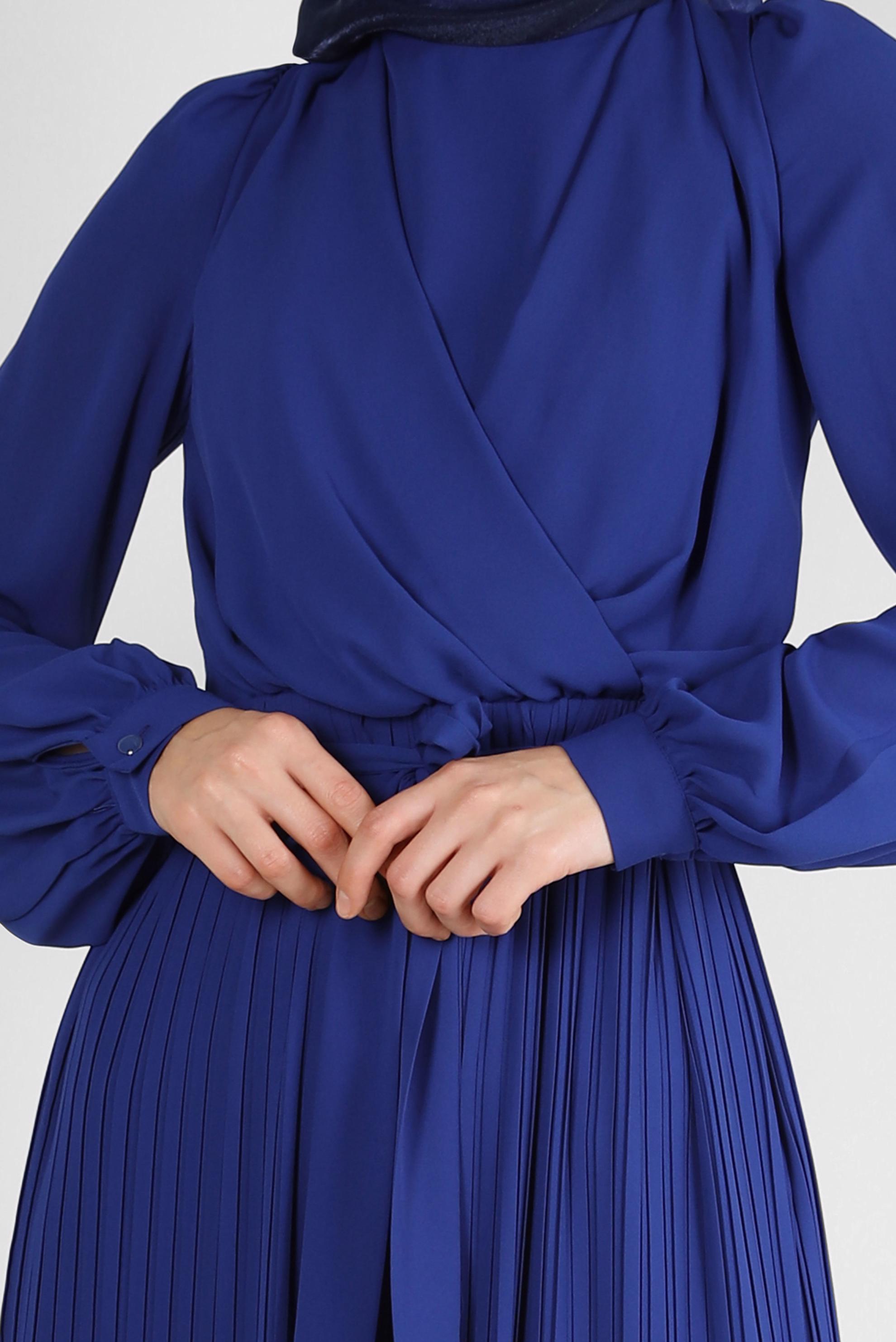 Tesettür giyim LACİVERT ETEK UCU VOLANLI PİLİSELİ ELBİSE 43653