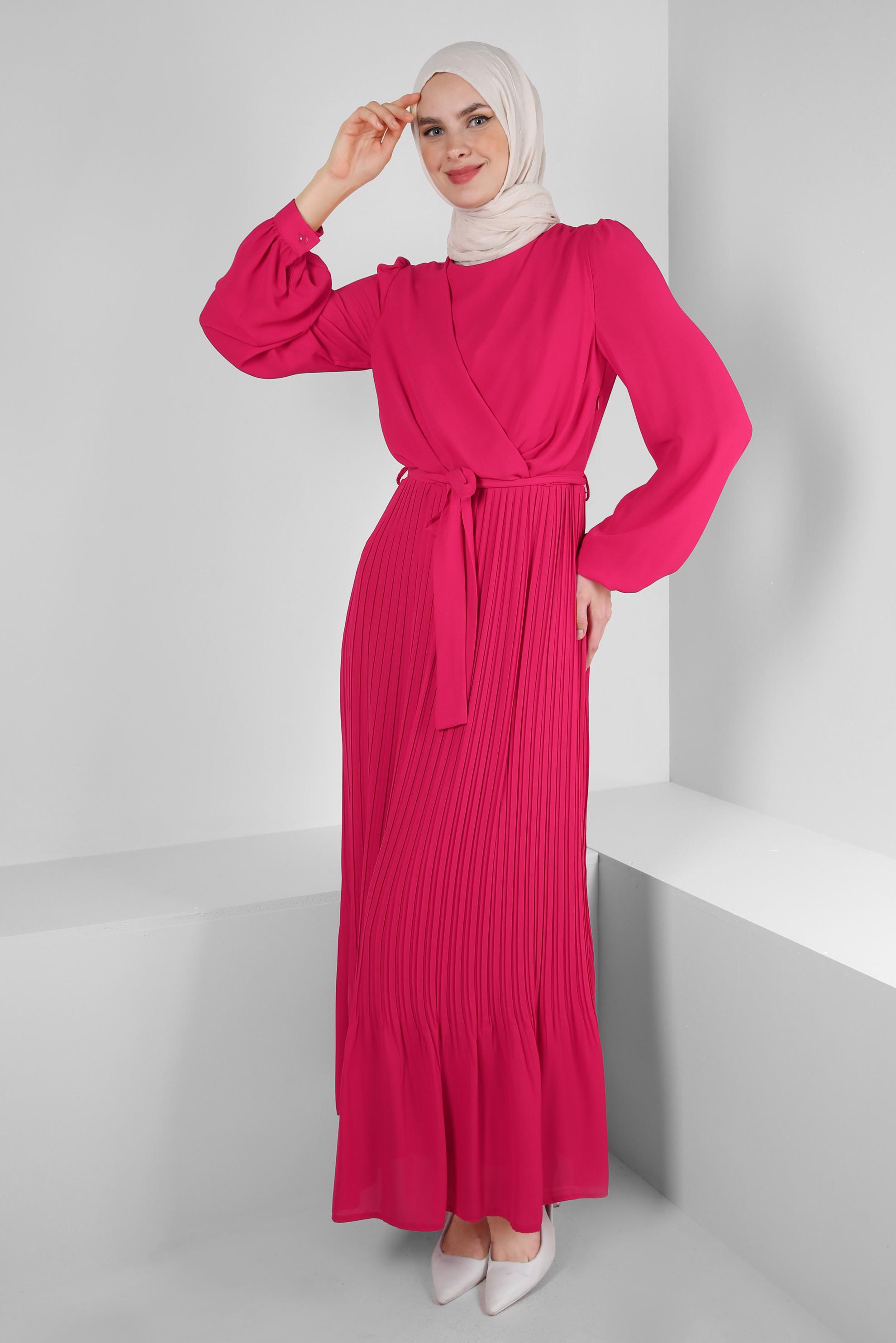 Tesettür giyim FUŞYA ETEK UCU VOLANLI PİLİSELİ ELBİSE 43653