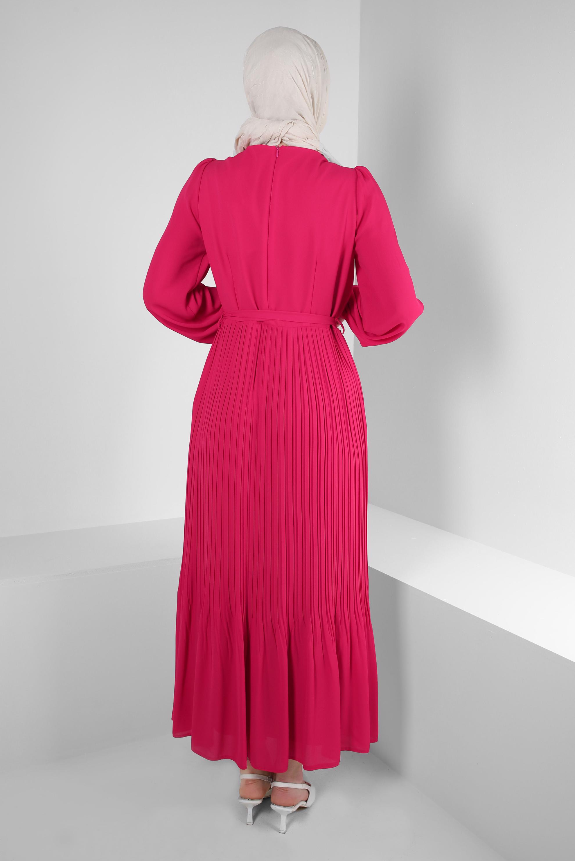 Tesettür giyim FUŞYA ETEK UCU VOLANLI PİLİSELİ ELBİSE 43653