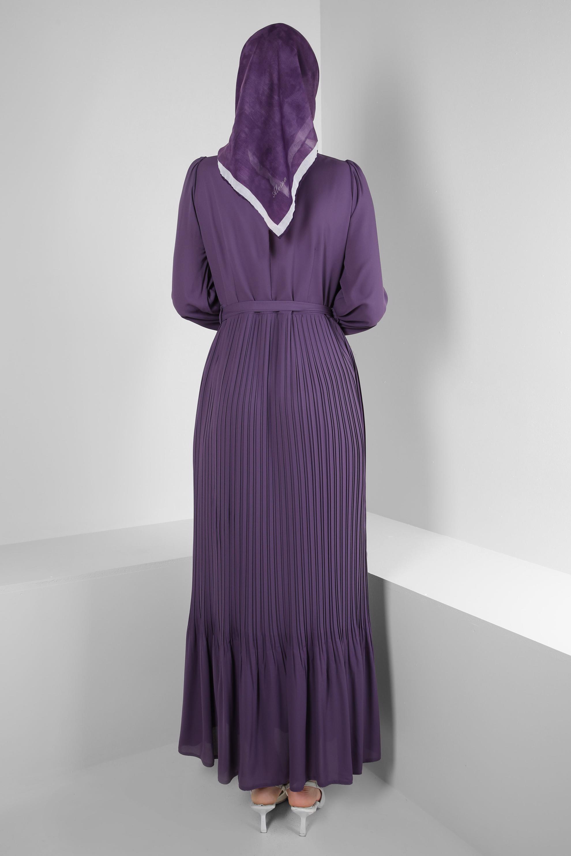 Tesettür giyim MOR ETEK UCU VOLANLI PİLİSELİ ELBİSE 43653