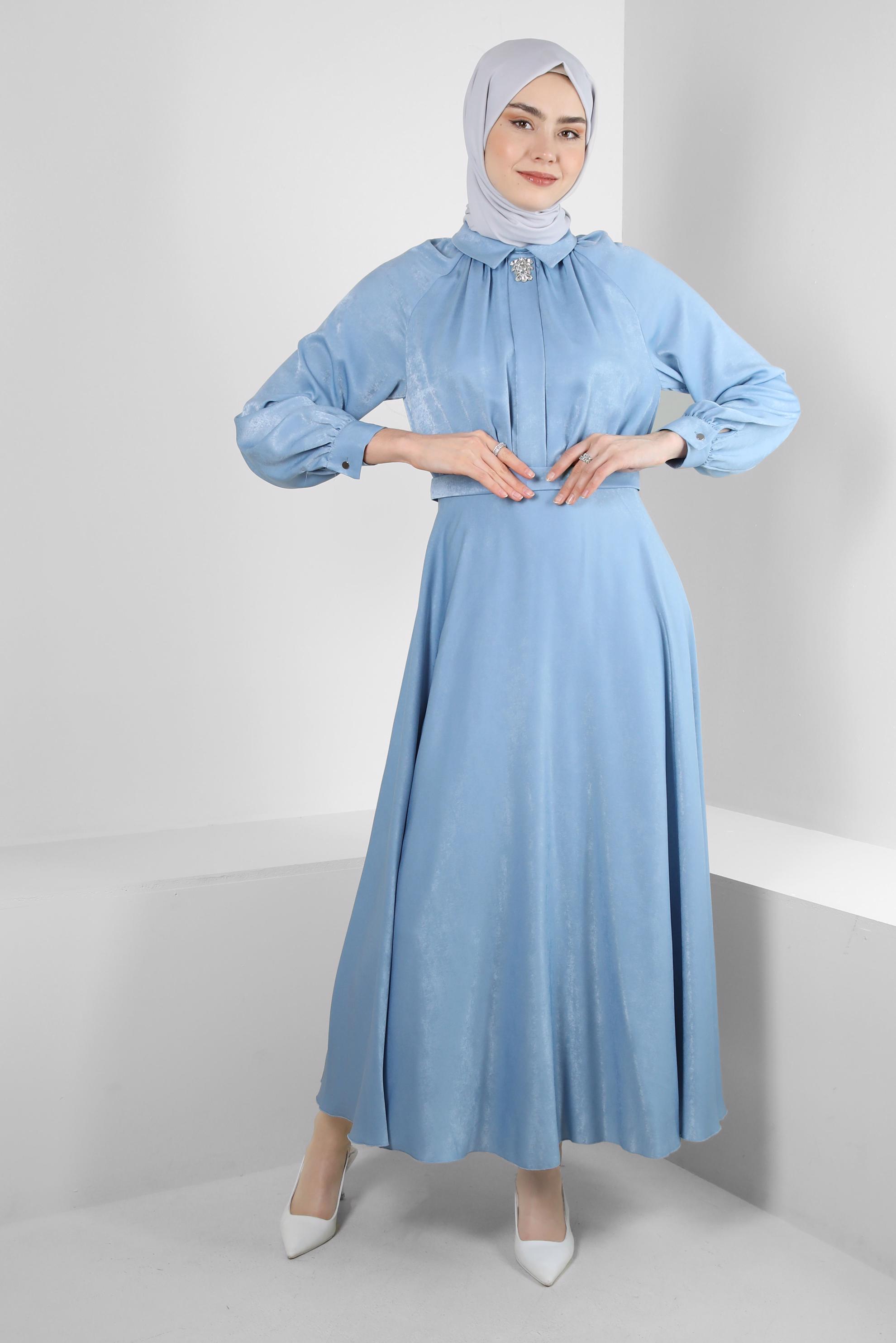 Tesettür giyim MAVİ TAŞ DETAYLI ERKEK YAKA ELBİSE 43654