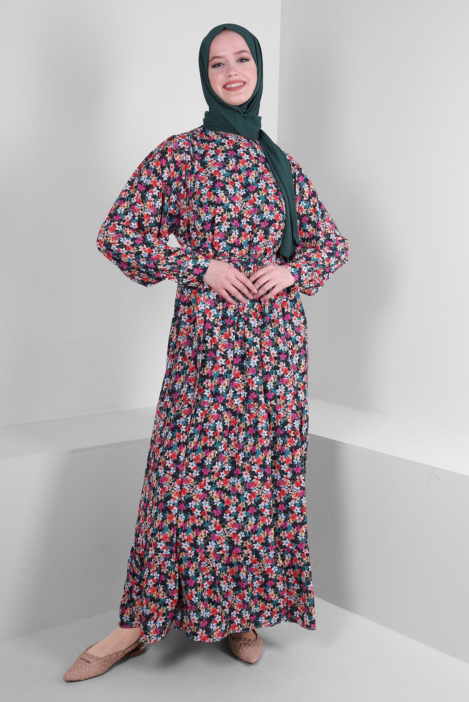 Tesettür giyim YEŞİL ÇİÇEK DESENLİ KUŞAKLI KREP ELBİSE 43658