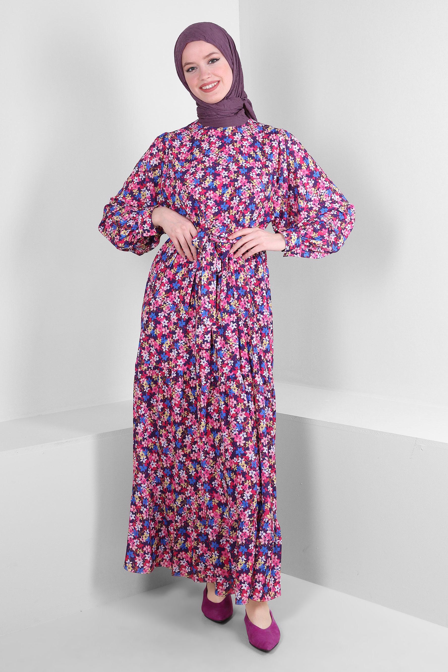 Tesettür giyim FUŞYA ÇİÇEK DESENLİ KUŞAKLI KREP ELBİSE 43658