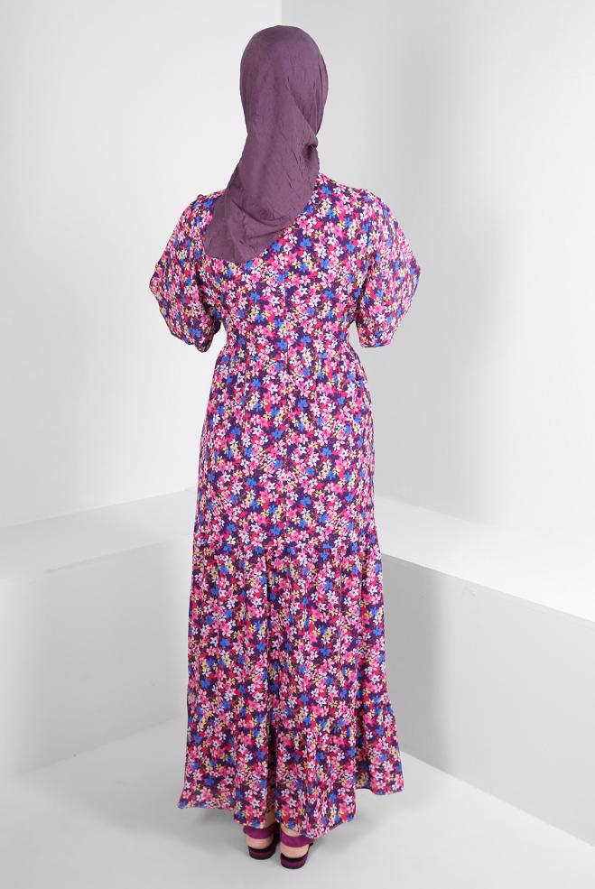 Tesettür giyim FUŞYA ÇİÇEK DESENLİ KUŞAKLI KREP ELBİSE 43658 - ALVİNA