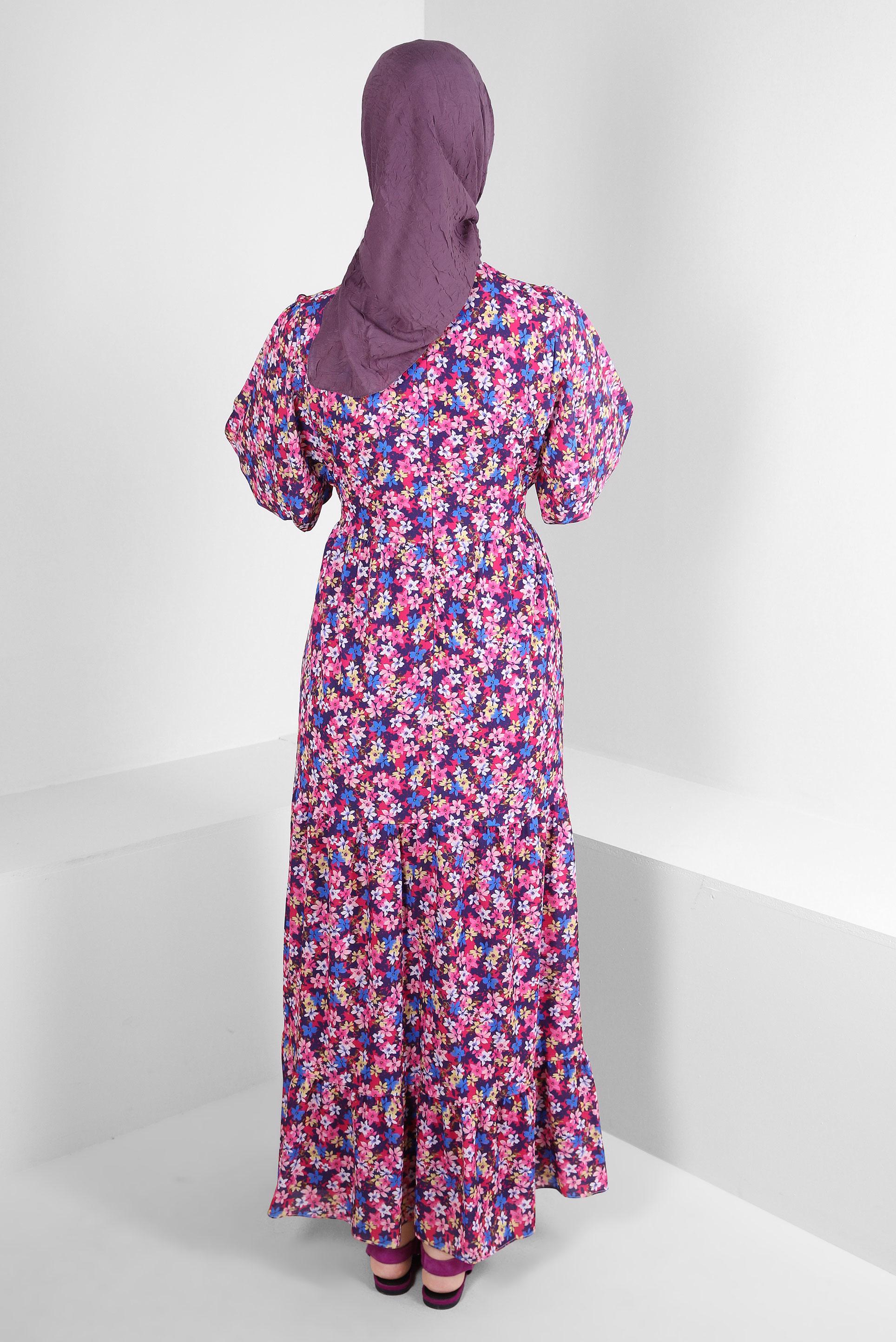 Tesettür giyim FUŞYA ÇİÇEK DESENLİ KUŞAKLI KREP ELBİSE 43658