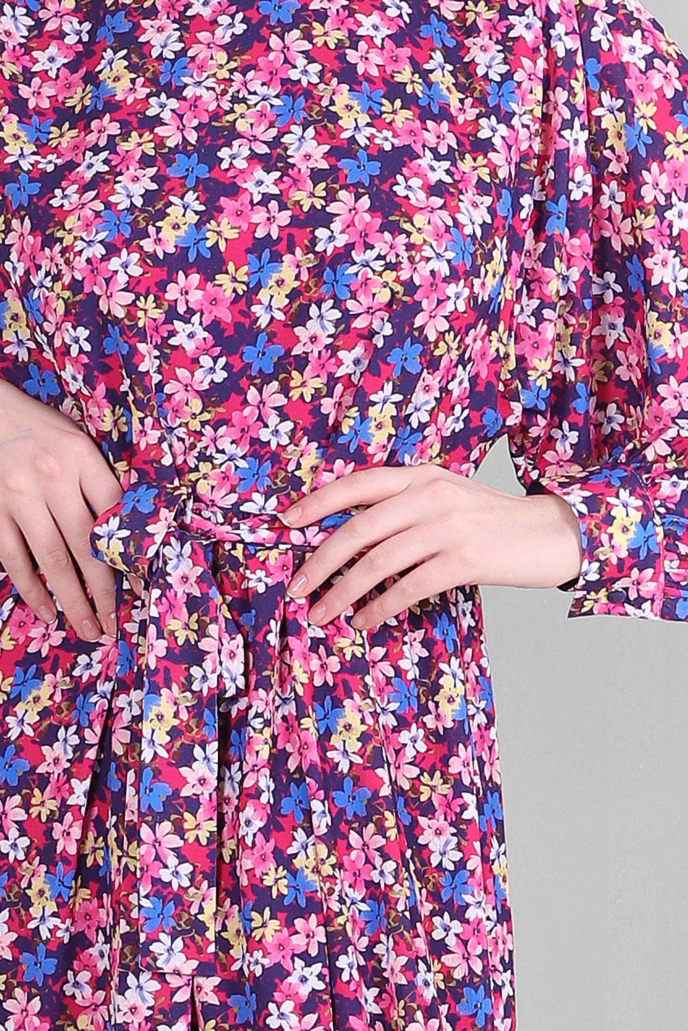 Tesettür giyim FUŞYA ÇİÇEK DESENLİ KUŞAKLI KREP ELBİSE 43658