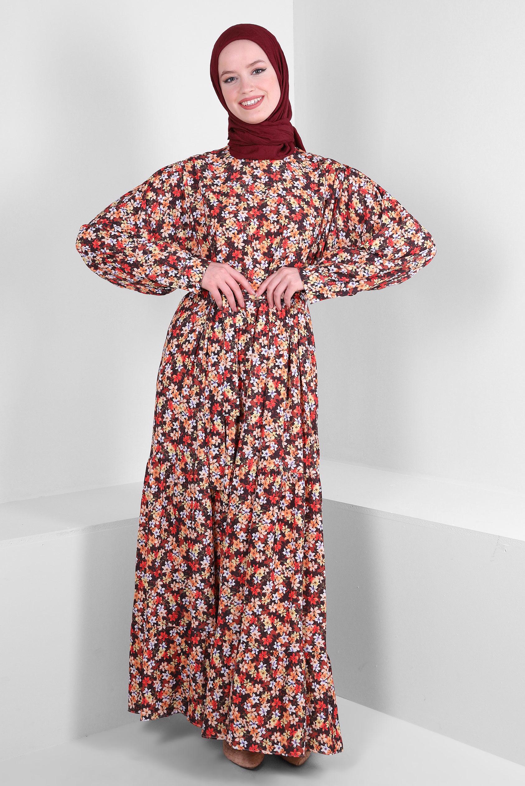 Tesettür giyim TABA ÇİÇEK DESENLİ KUŞAKLI KREP ELBİSE 43658