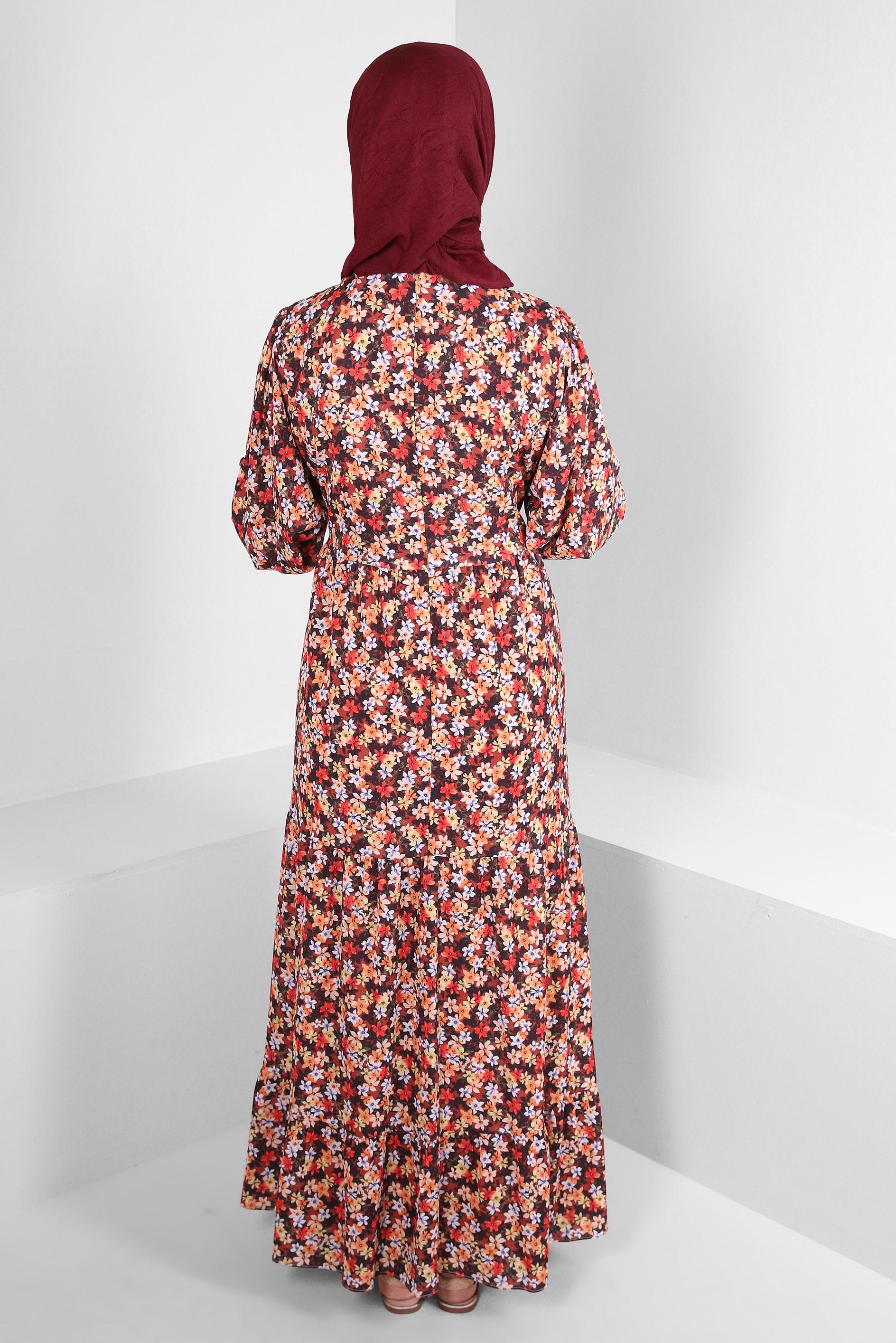 Tesettür giyim TABA ÇİÇEK DESENLİ KUŞAKLI KREP ELBİSE 43658