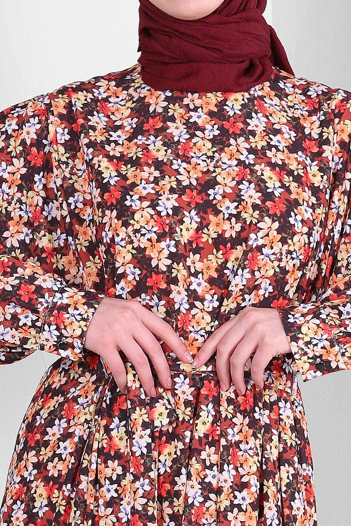 Tesettür giyim TABA ÇİÇEK DESENLİ KUŞAKLI KREP ELBİSE 43658