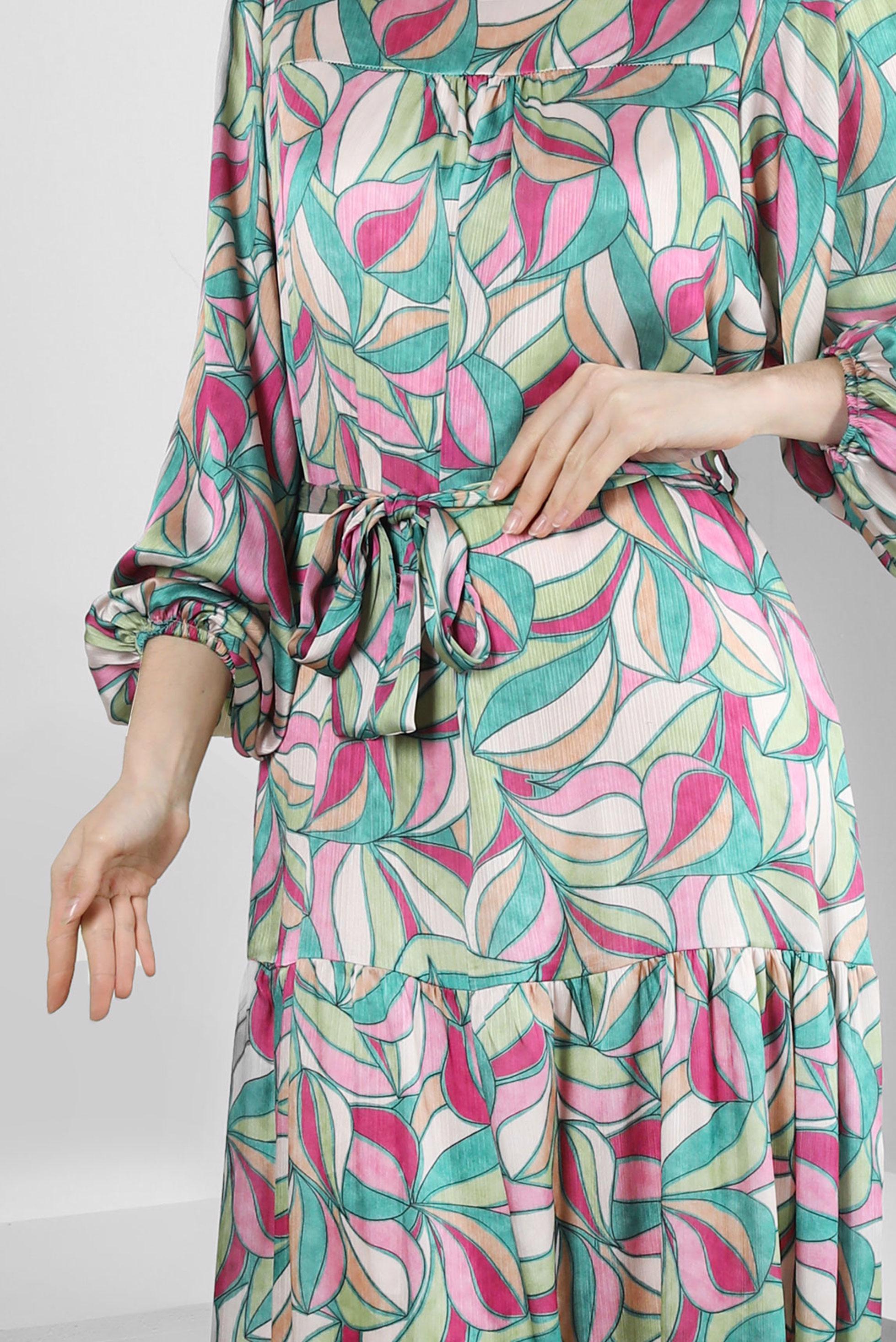 Tesettür giyim YEŞİL DESENLİ KUŞAKLI GENİŞ KOL ELBİSE 43660