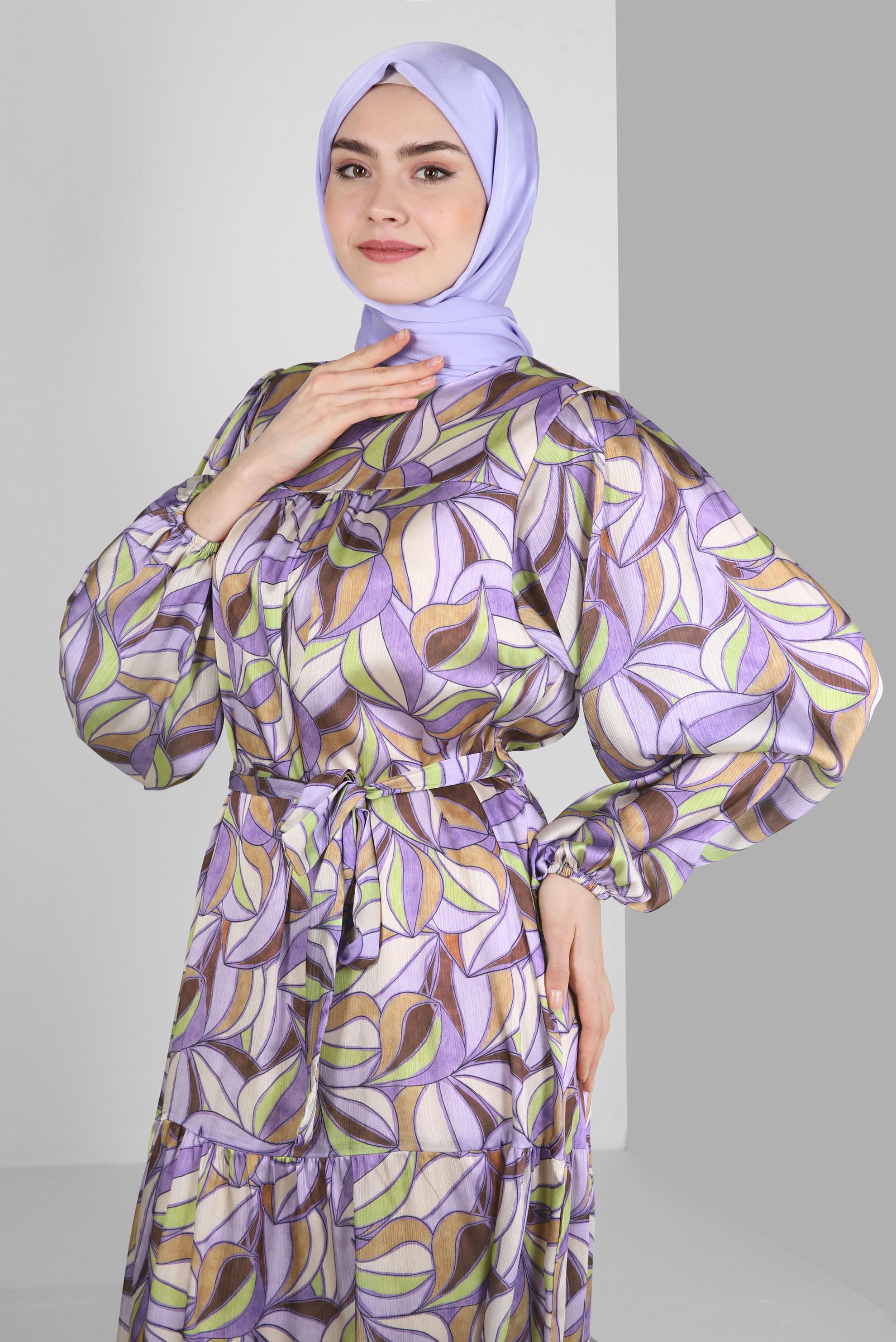 Tesettür giyim MOR DESENLİ KUŞAKLI GENİŞ KOL ELBİSE 43660