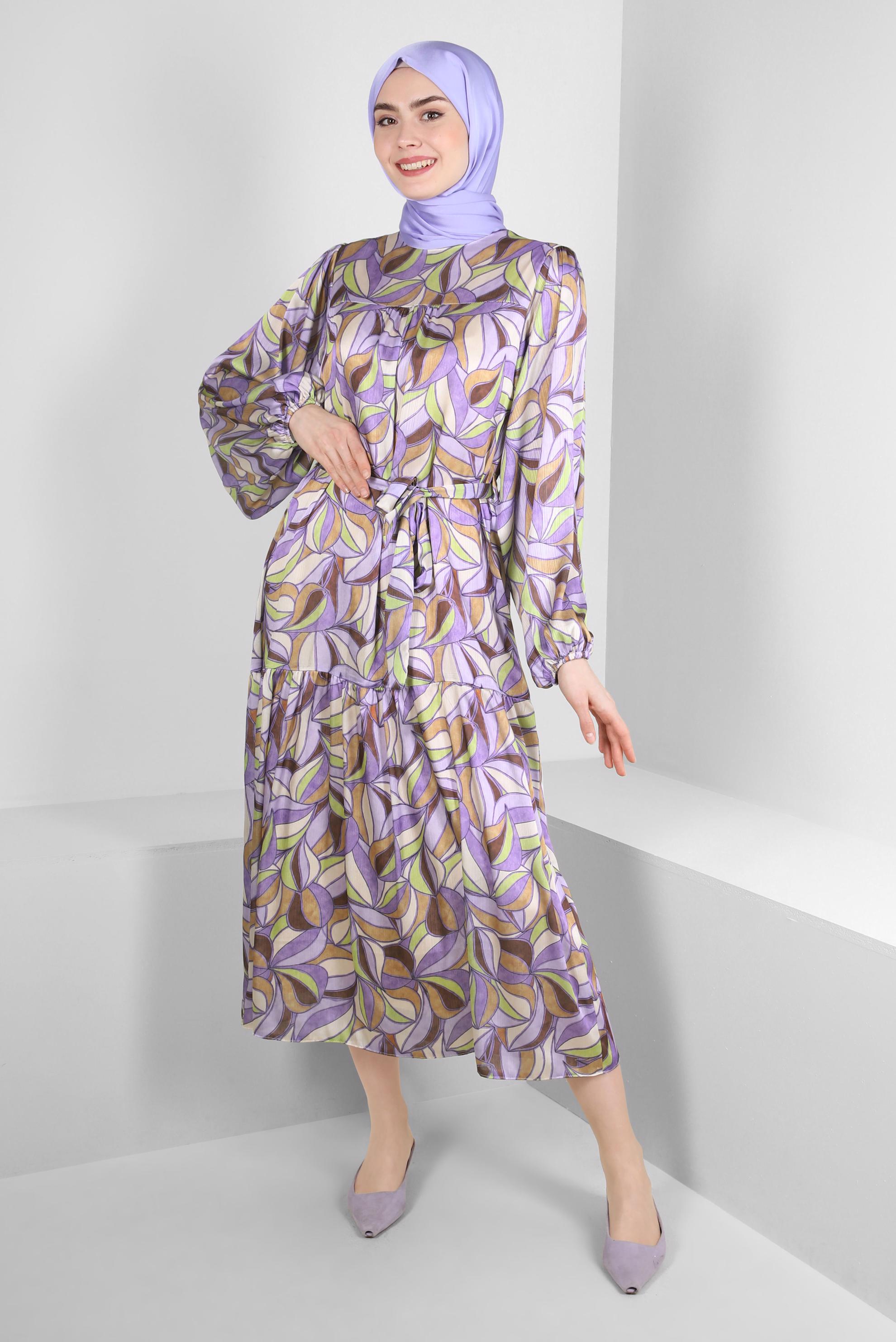 Tesettür giyim MOR DESENLİ KUŞAKLI GENİŞ KOL ELBİSE 43660