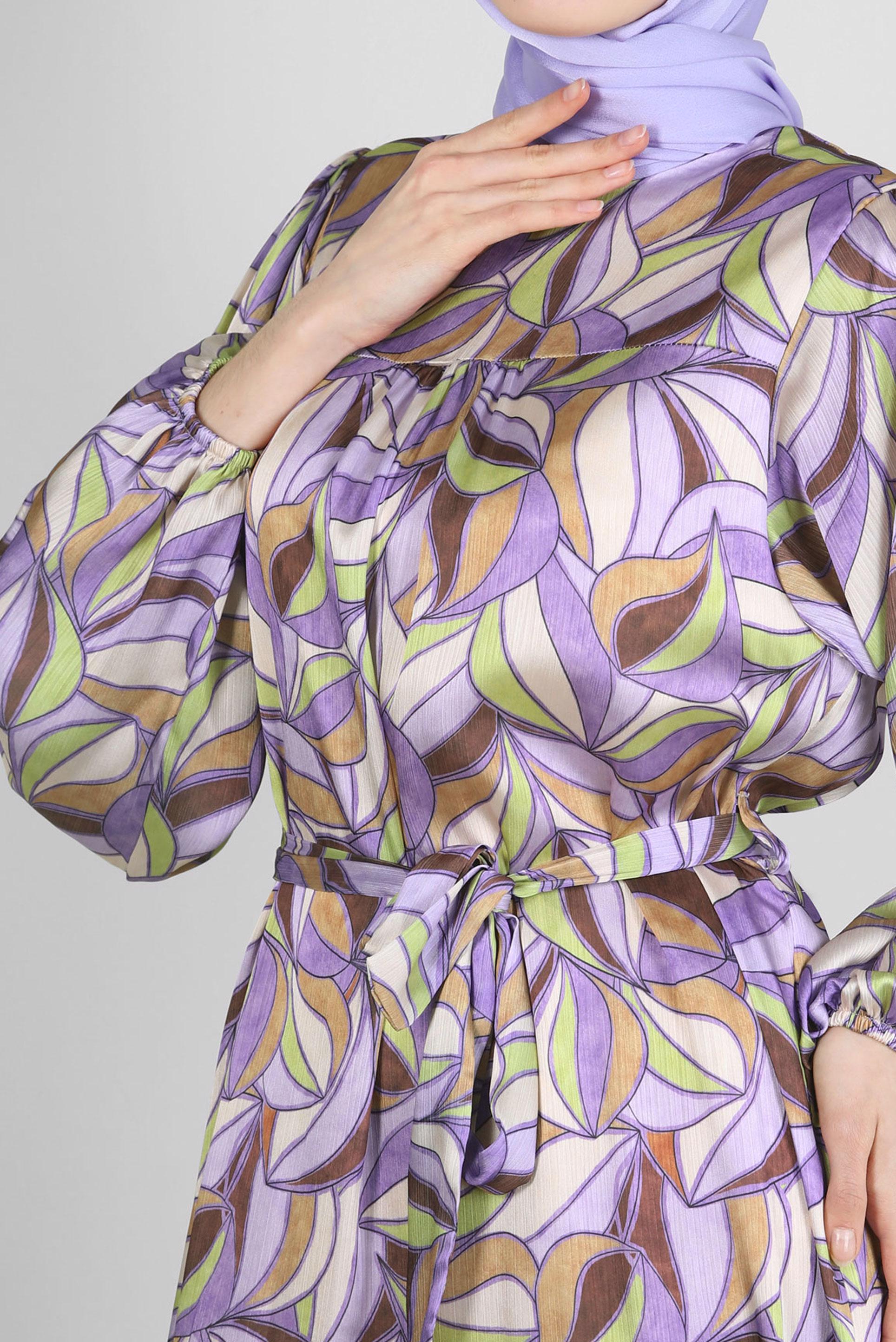 Tesettür giyim MOR DESENLİ KUŞAKLI GENİŞ KOL ELBİSE 43660