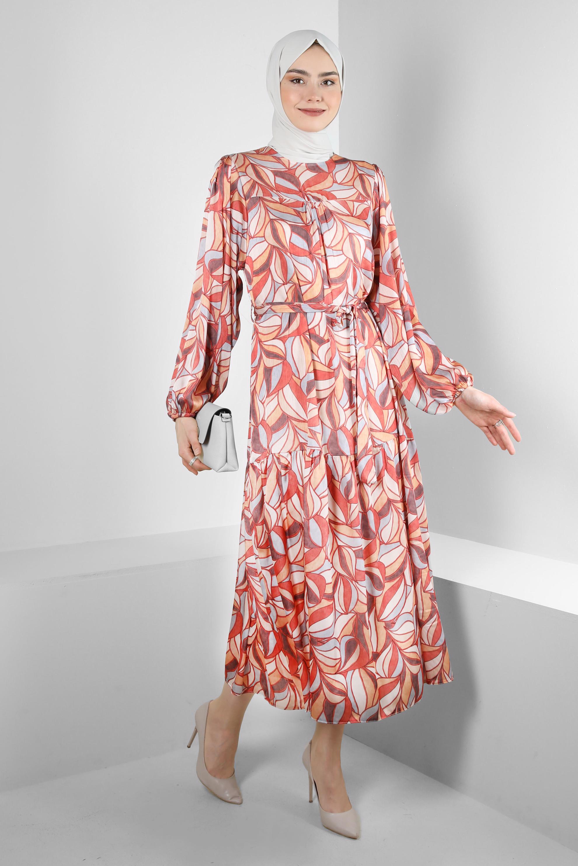 Tesettür giyim TURUNCU DESENLİ KUŞAKLI GENİŞ KOL ELBİSE 43660