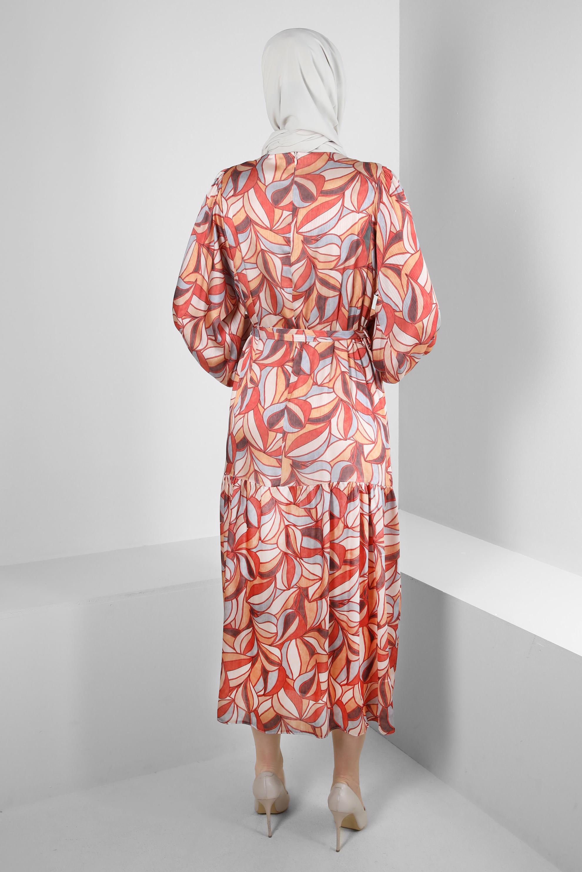 Tesettür giyim TURUNCU DESENLİ KUŞAKLI GENİŞ KOL ELBİSE 43660