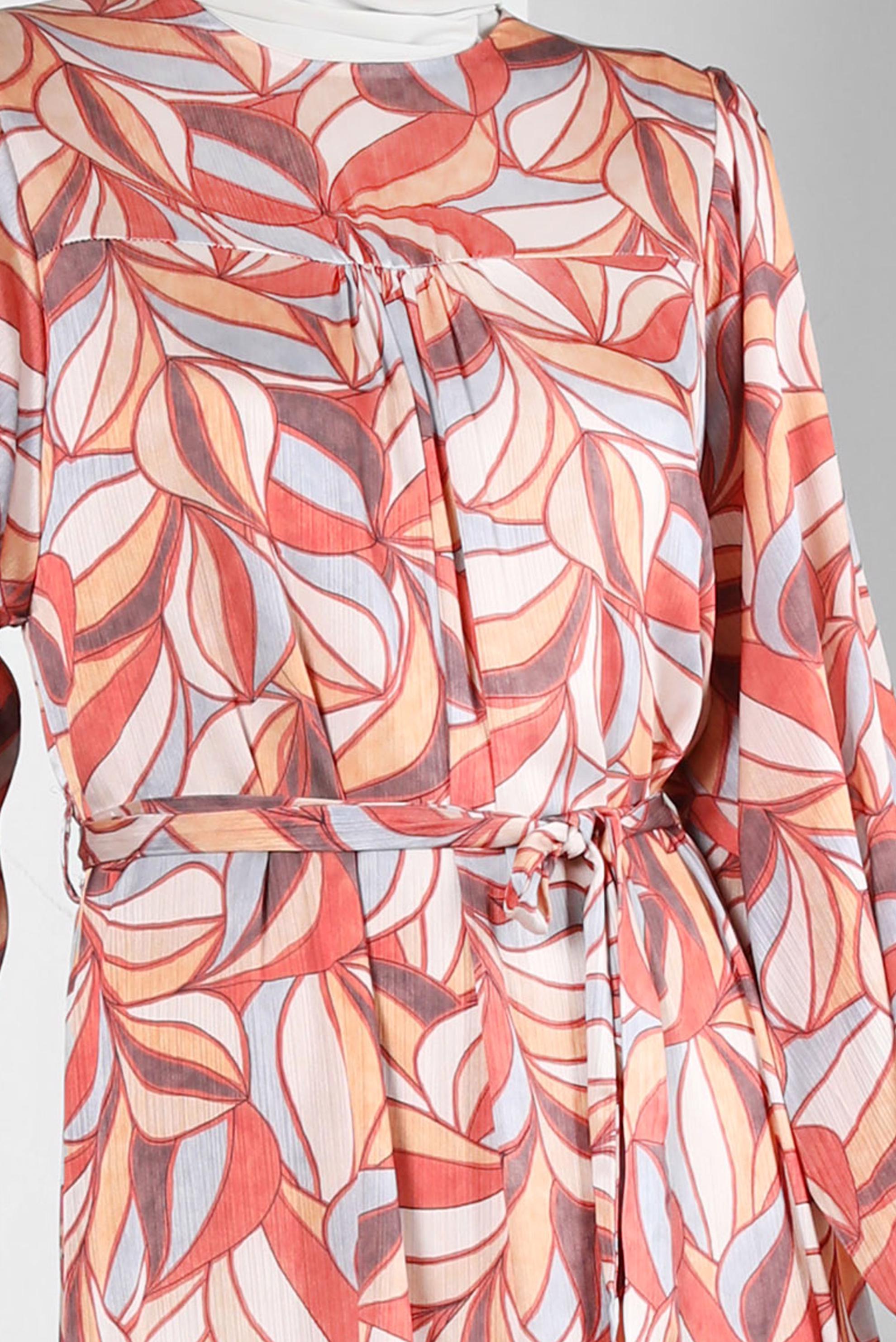 Tesettür giyim TURUNCU DESENLİ KUŞAKLI GENİŞ KOL ELBİSE 43660