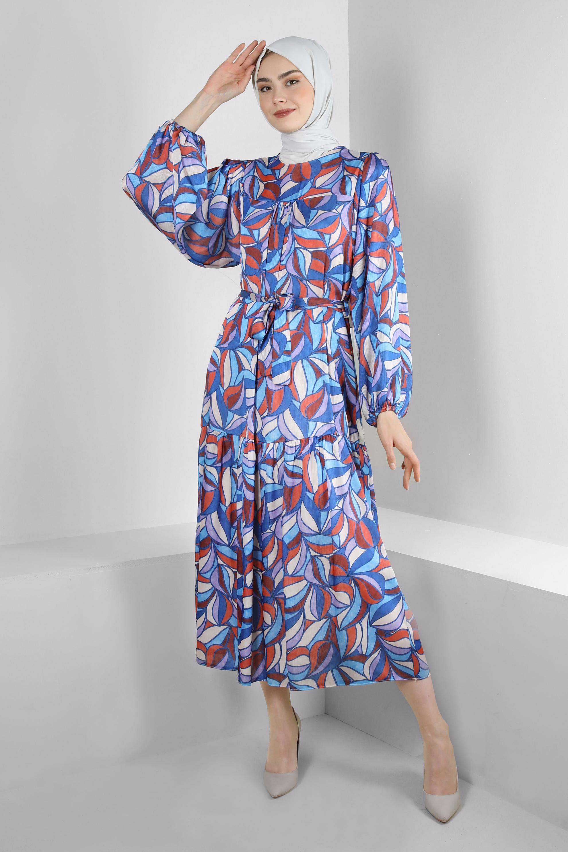 Tesettür giyim LACİVERT DESENLİ KUŞAKLI GENİŞ KOL ELBİSE 43660