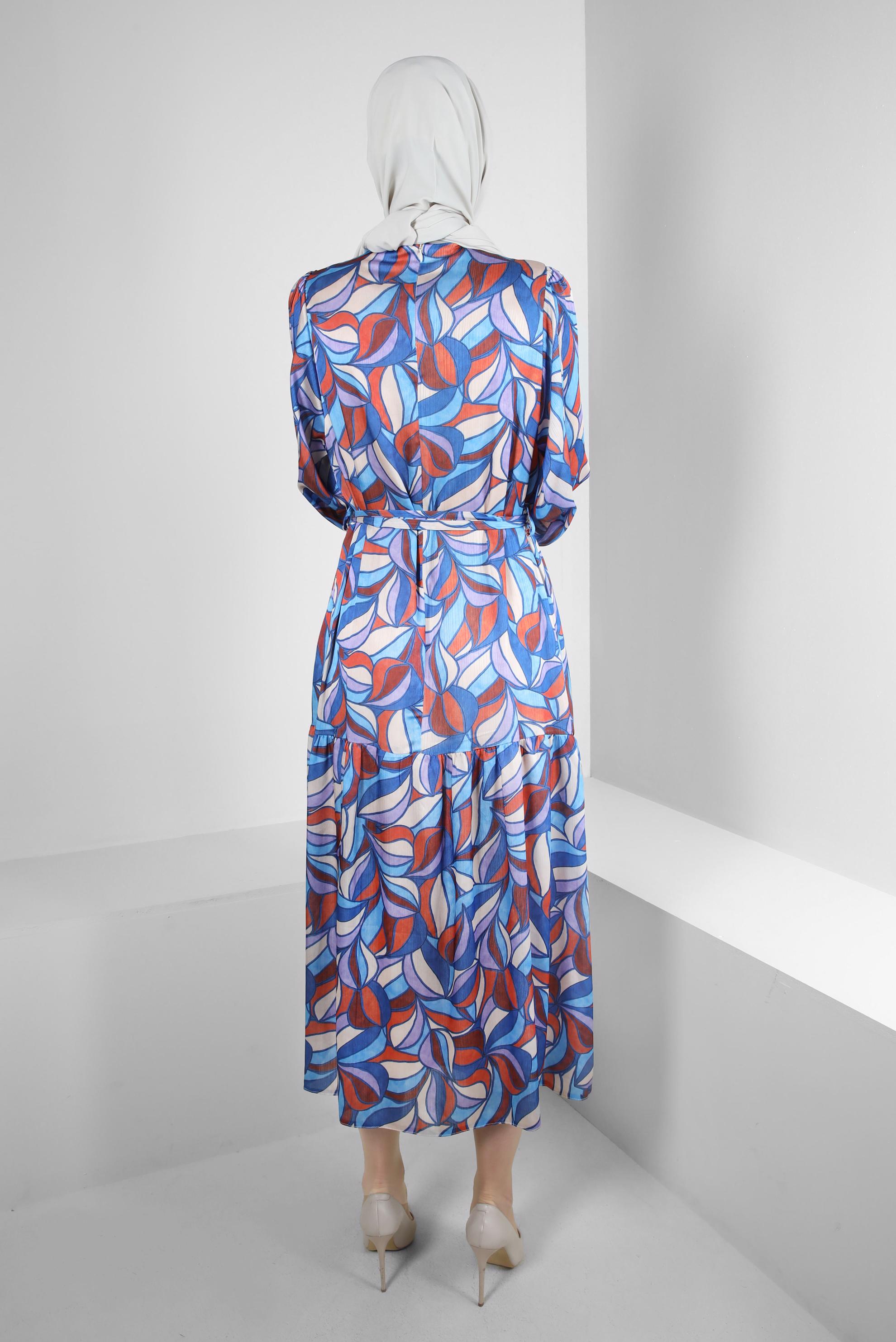 Tesettür giyim LACİVERT DESENLİ KUŞAKLI GENİŞ KOL ELBİSE 43660