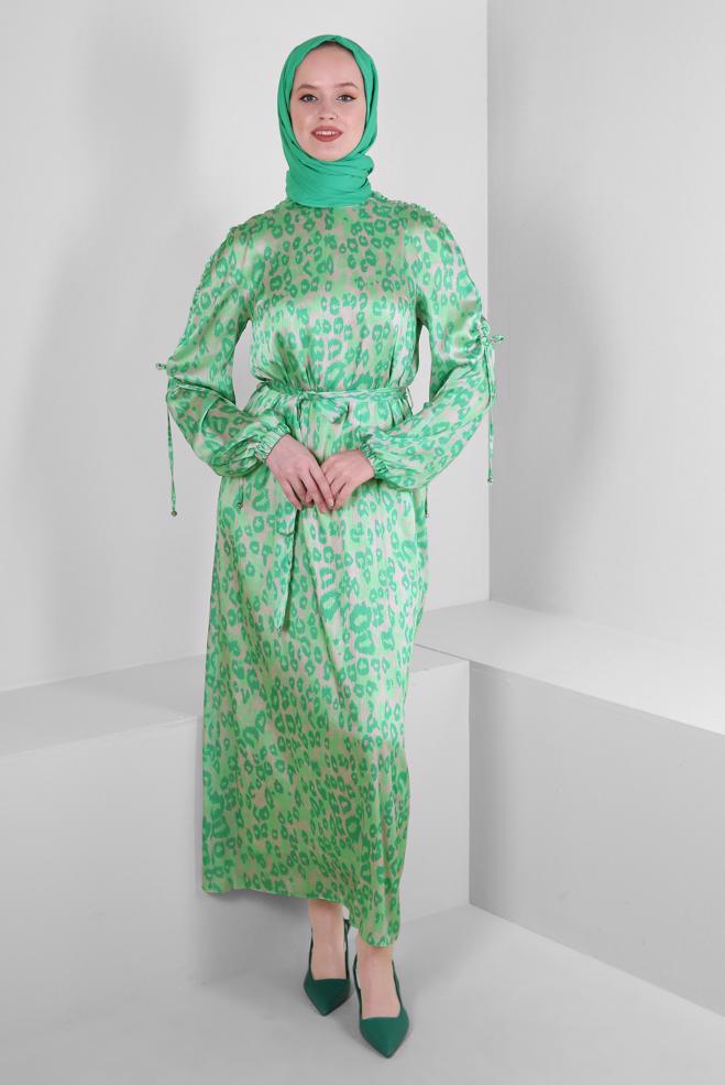 Tesettür giyim YEŞİL LEOPAR DESENLİ KUŞAKLI ELBİSE 43686 - ALVİNA