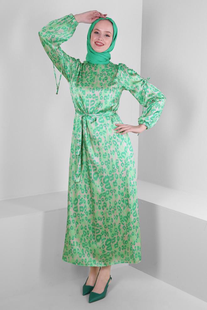 Tesettür giyim YEŞİL LEOPAR DESENLİ KUŞAKLI ELBİSE 43686 - ALVİNA