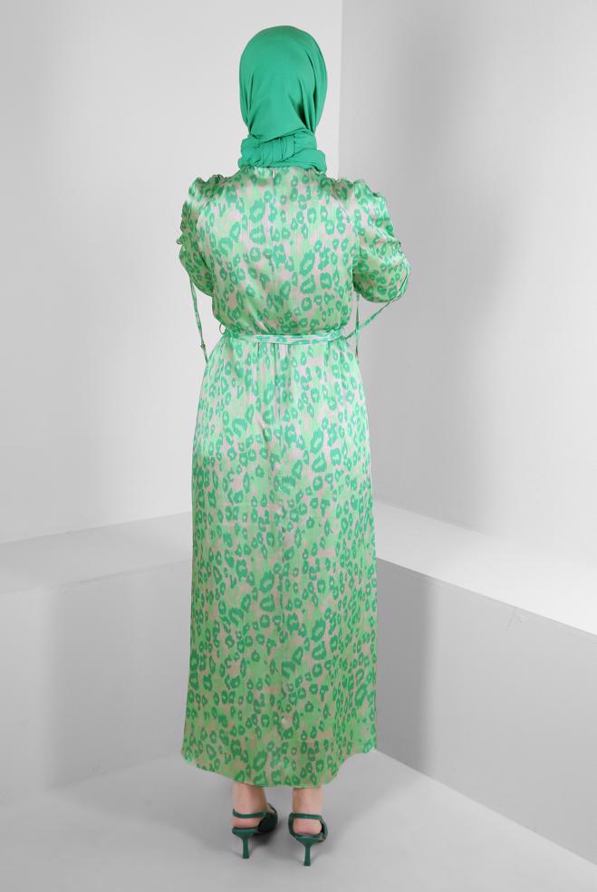 Tesettür giyim YEŞİL LEOPAR DESENLİ KUŞAKLI ELBİSE 43686 - ALVİNA