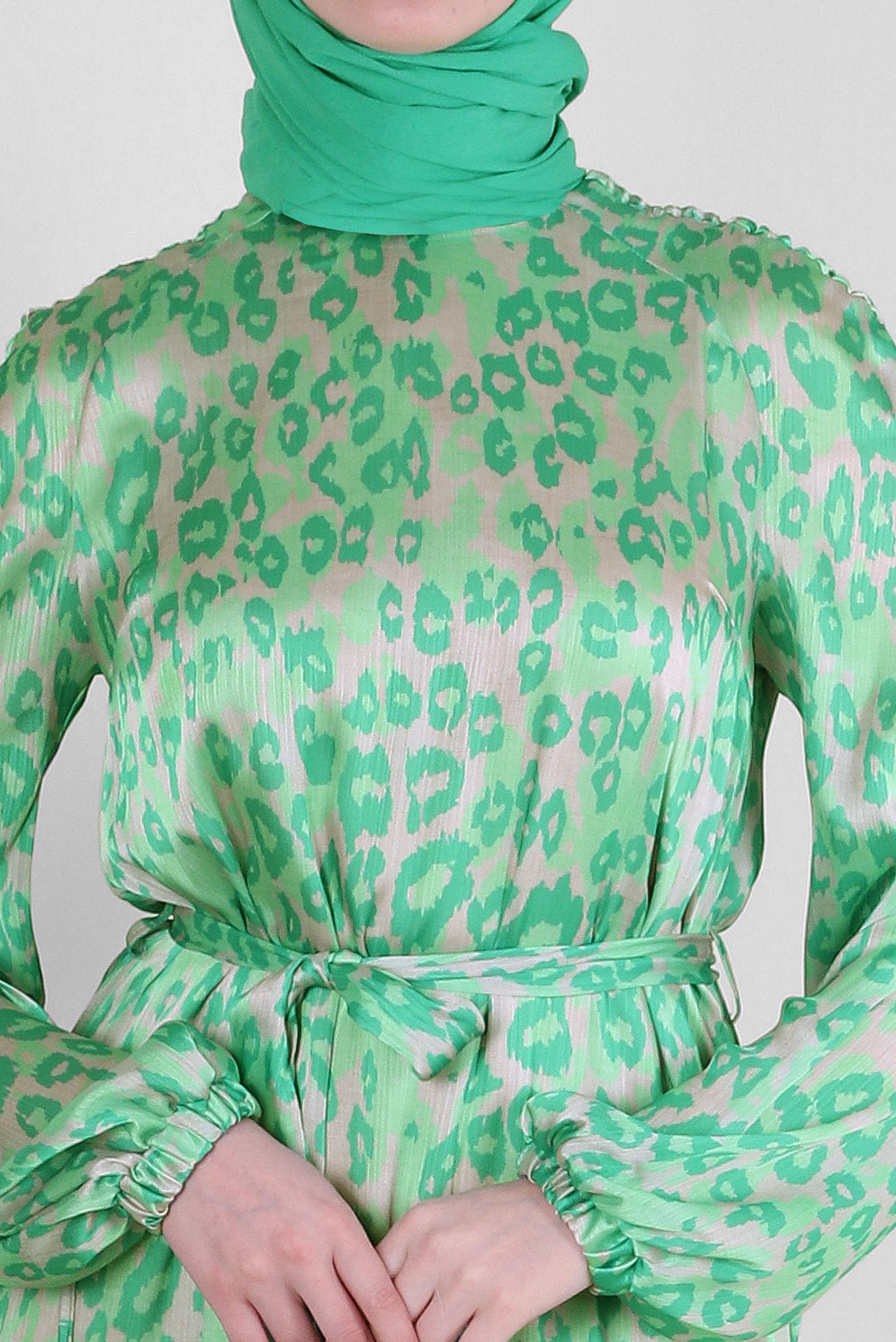 Tesettür giyim YEŞİL LEOPAR DESENLİ KUŞAKLI ELBİSE 43686