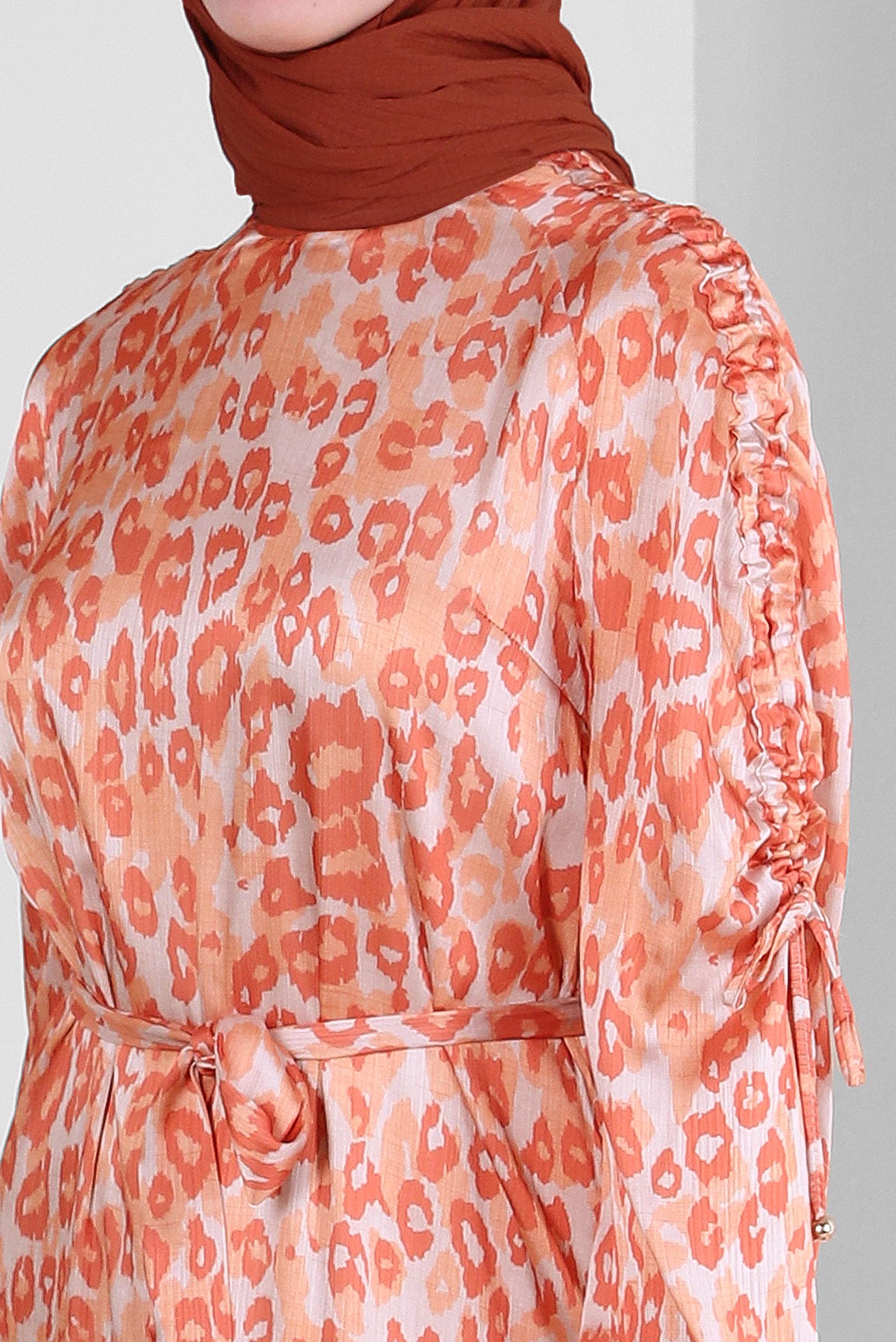 Tesettür giyim TURUNCU LEOPAR DESENLİ KUŞAKLI ELBİSE 43686