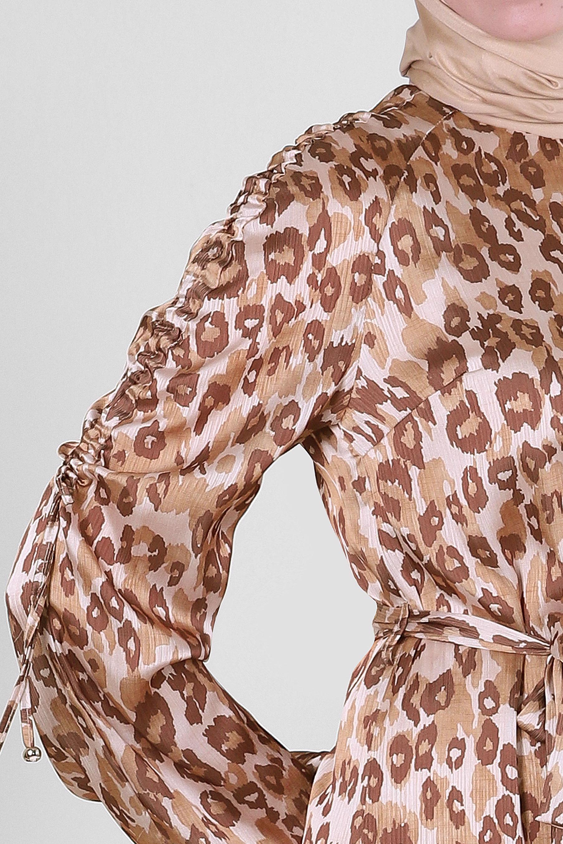 Tesettür giyim KAHVE LEOPAR DESENLİ KUŞAKLI ELBİSE 43686