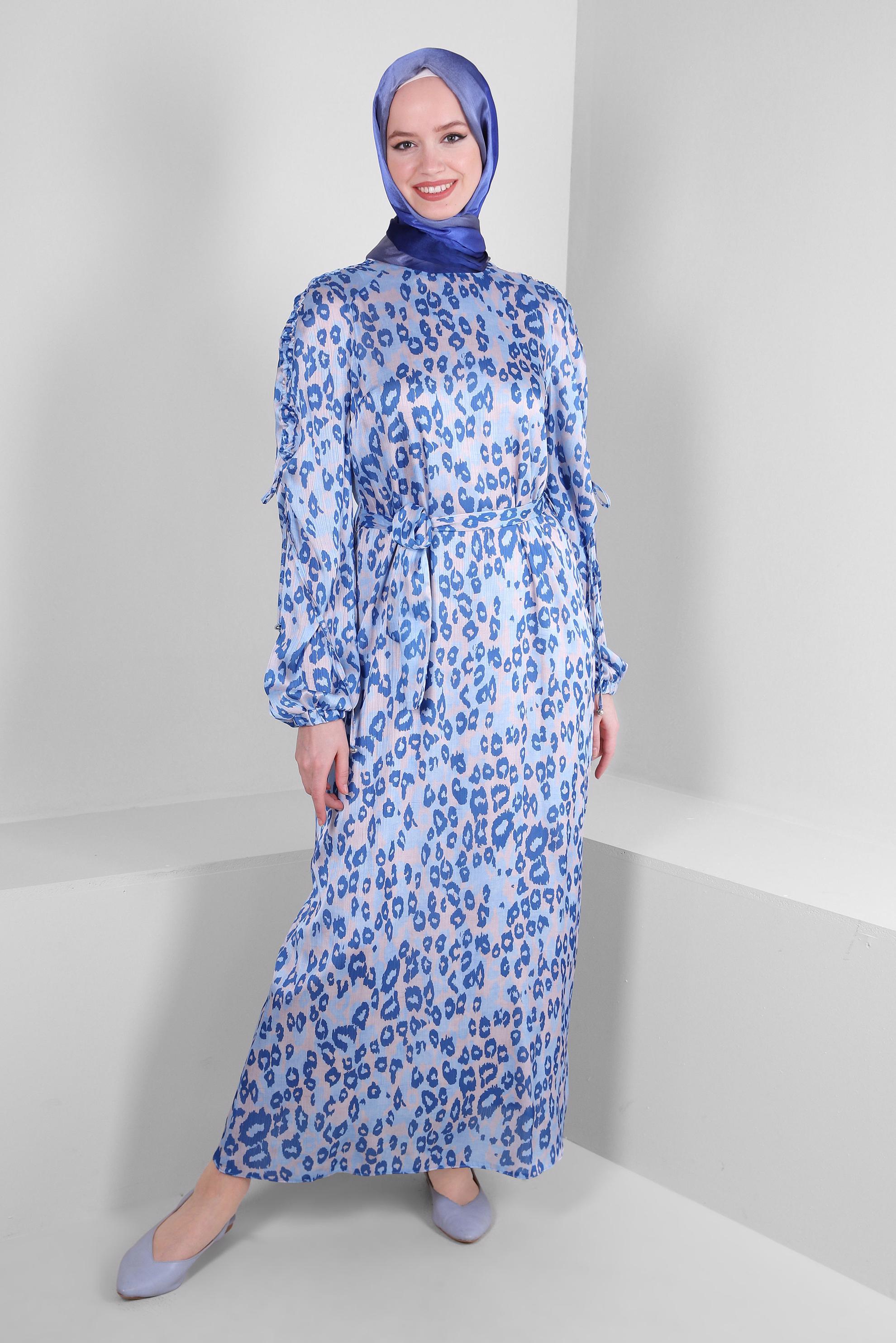 Tesettür giyim LACİVERT LEOPAR DESENLİ KUŞAKLI ELBİSE 43686