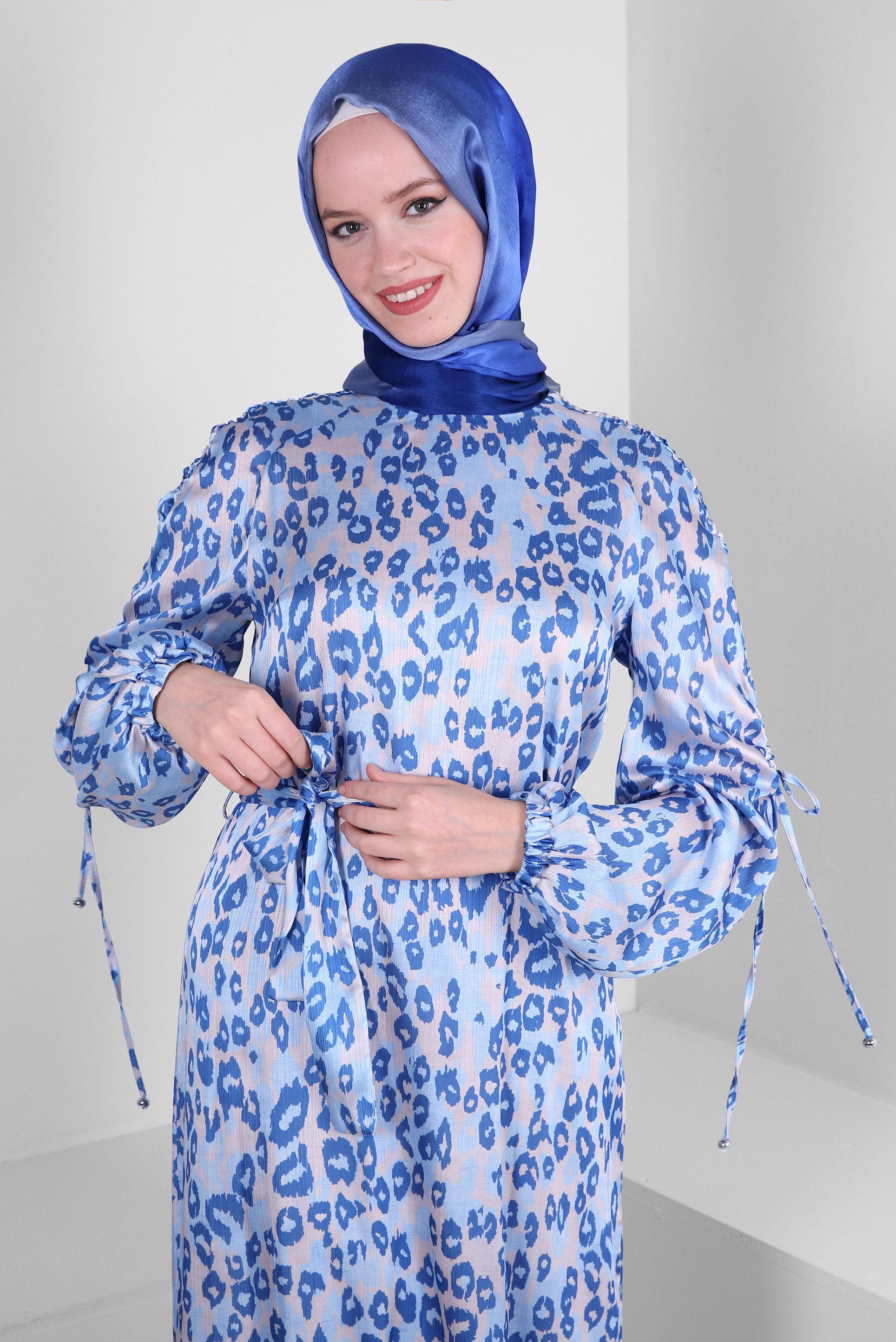 Tesettür giyim LACİVERT LEOPAR DESENLİ KUŞAKLI ELBİSE 43686