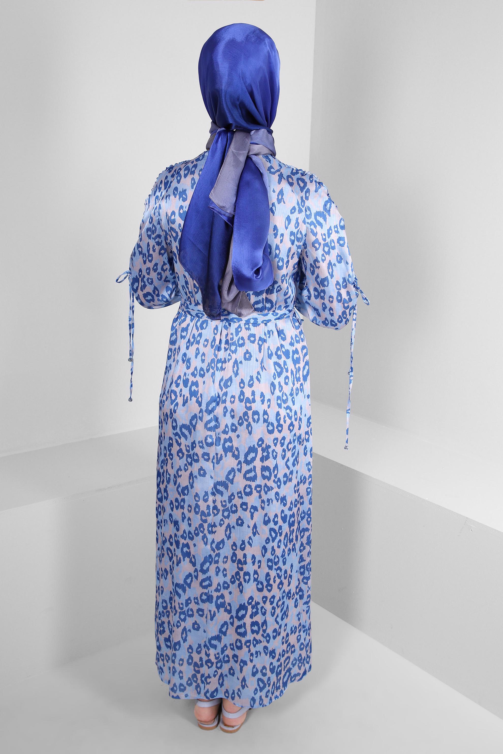 Tesettür giyim LACİVERT LEOPAR DESENLİ KUŞAKLI ELBİSE 43686