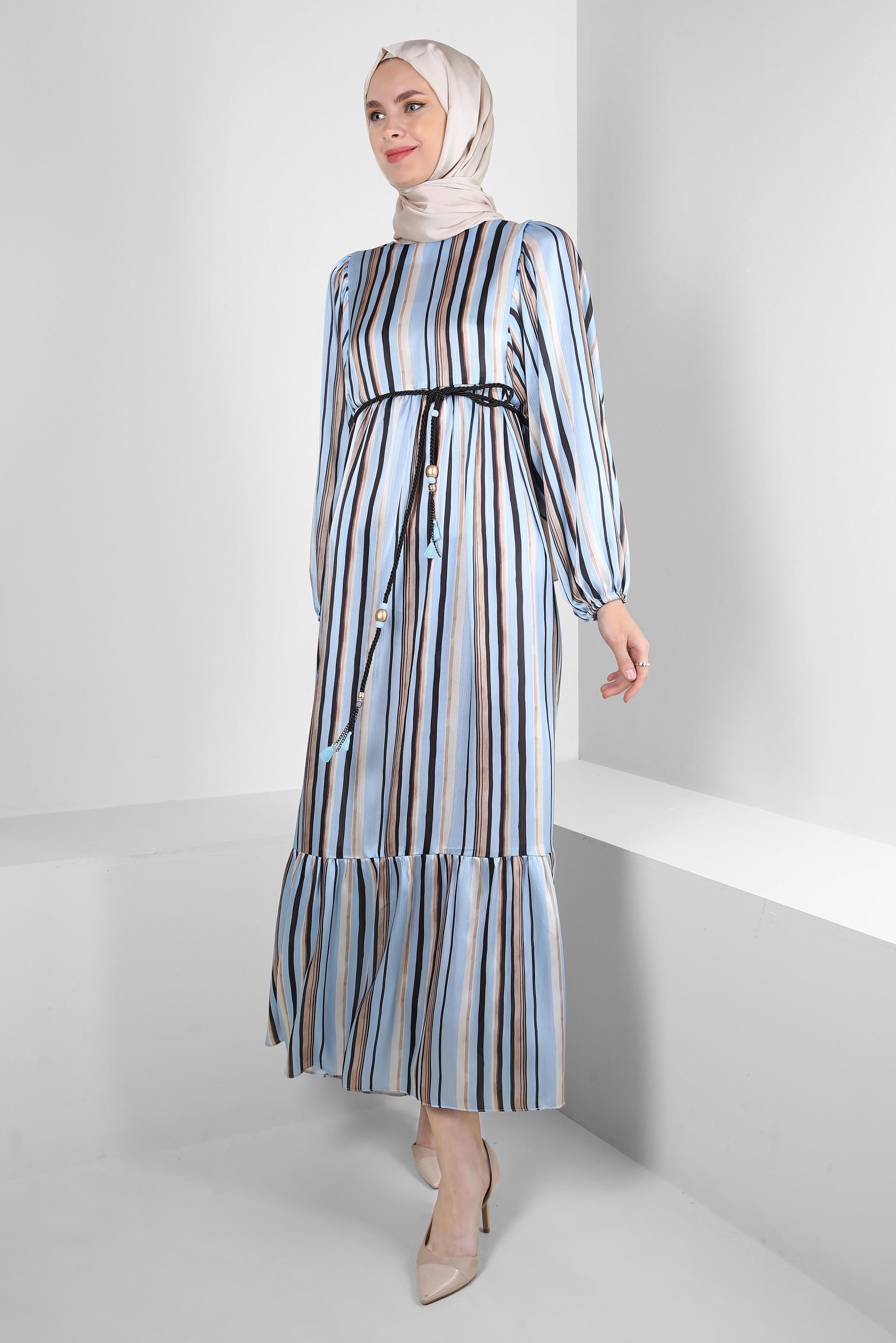 Tesettür giyim MAVİ ÇİZGİLİ MANŞETLERİ LASTİKLİ ELBİSE 43687