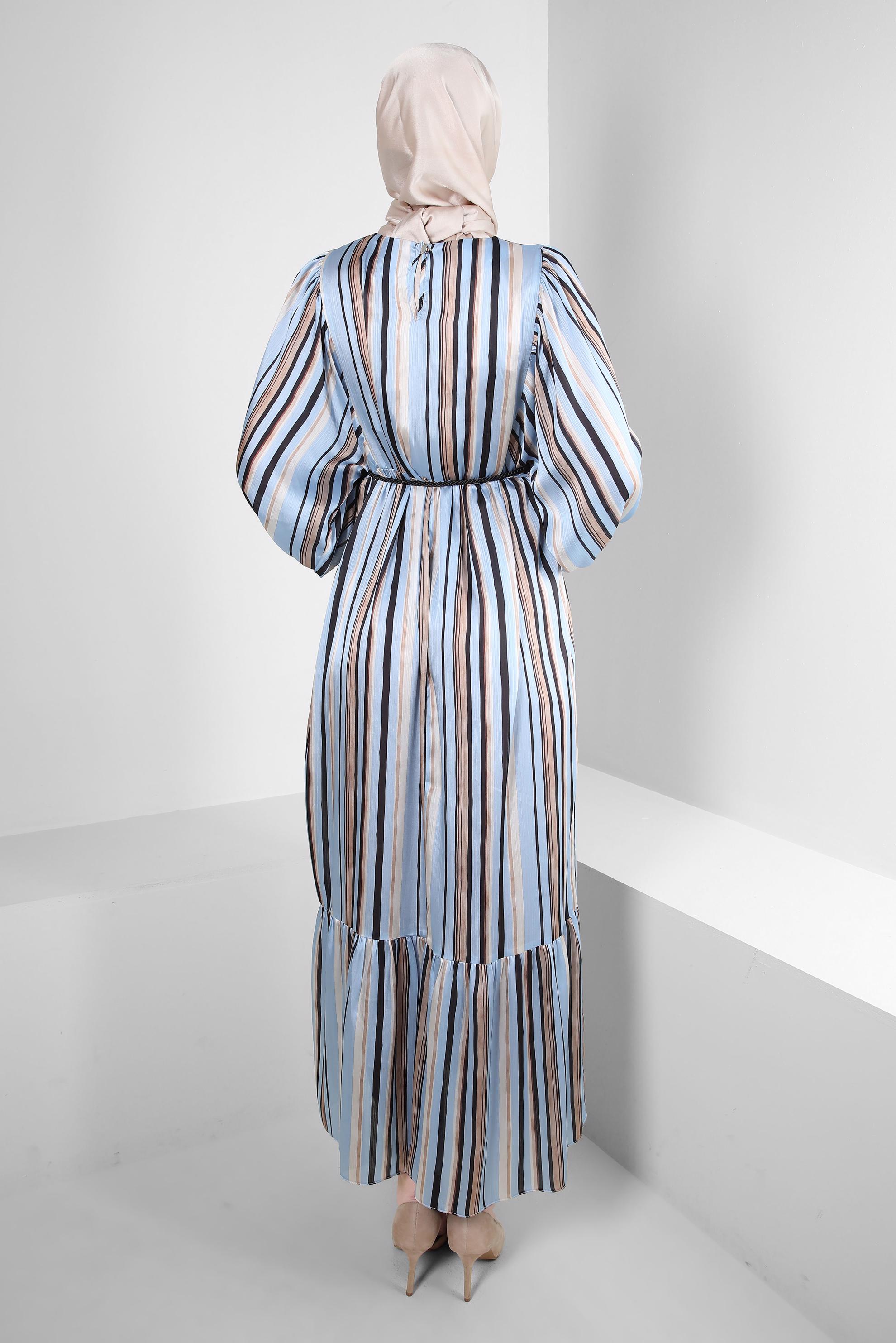 Tesettür giyim MAVİ ÇİZGİLİ MANŞETLERİ LASTİKLİ ELBİSE 43687