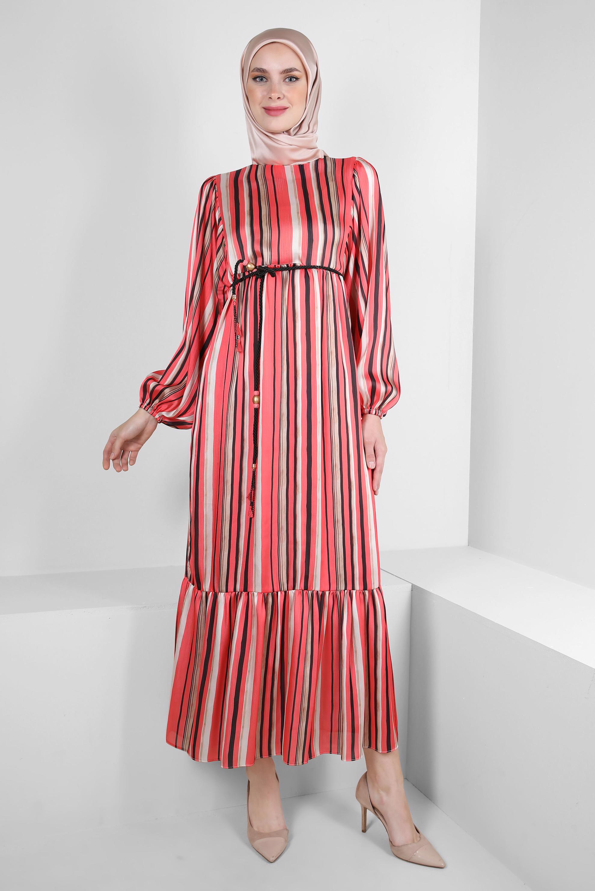 Tesettür giyim MERCAN ÇİZGİLİ MANŞETLERİ LASTİKLİ ELBİSE 43687