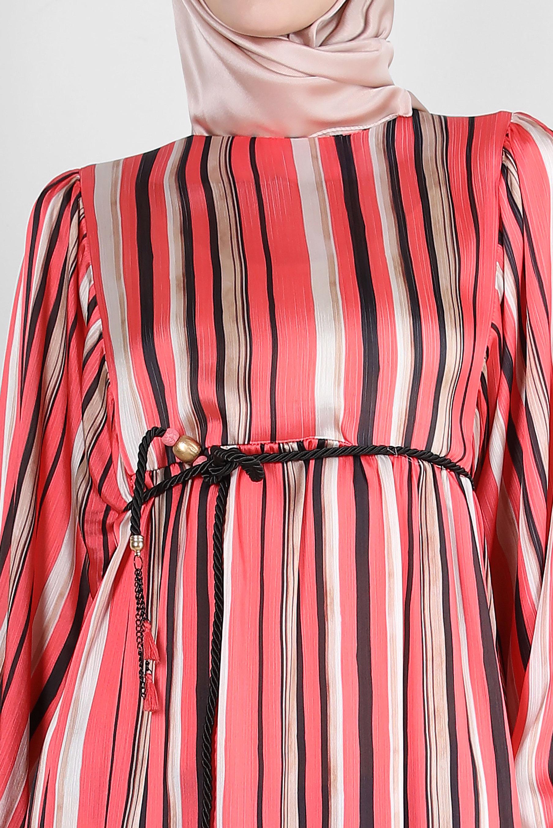 Tesettür giyim MERCAN ÇİZGİLİ MANŞETLERİ LASTİKLİ ELBİSE 43687