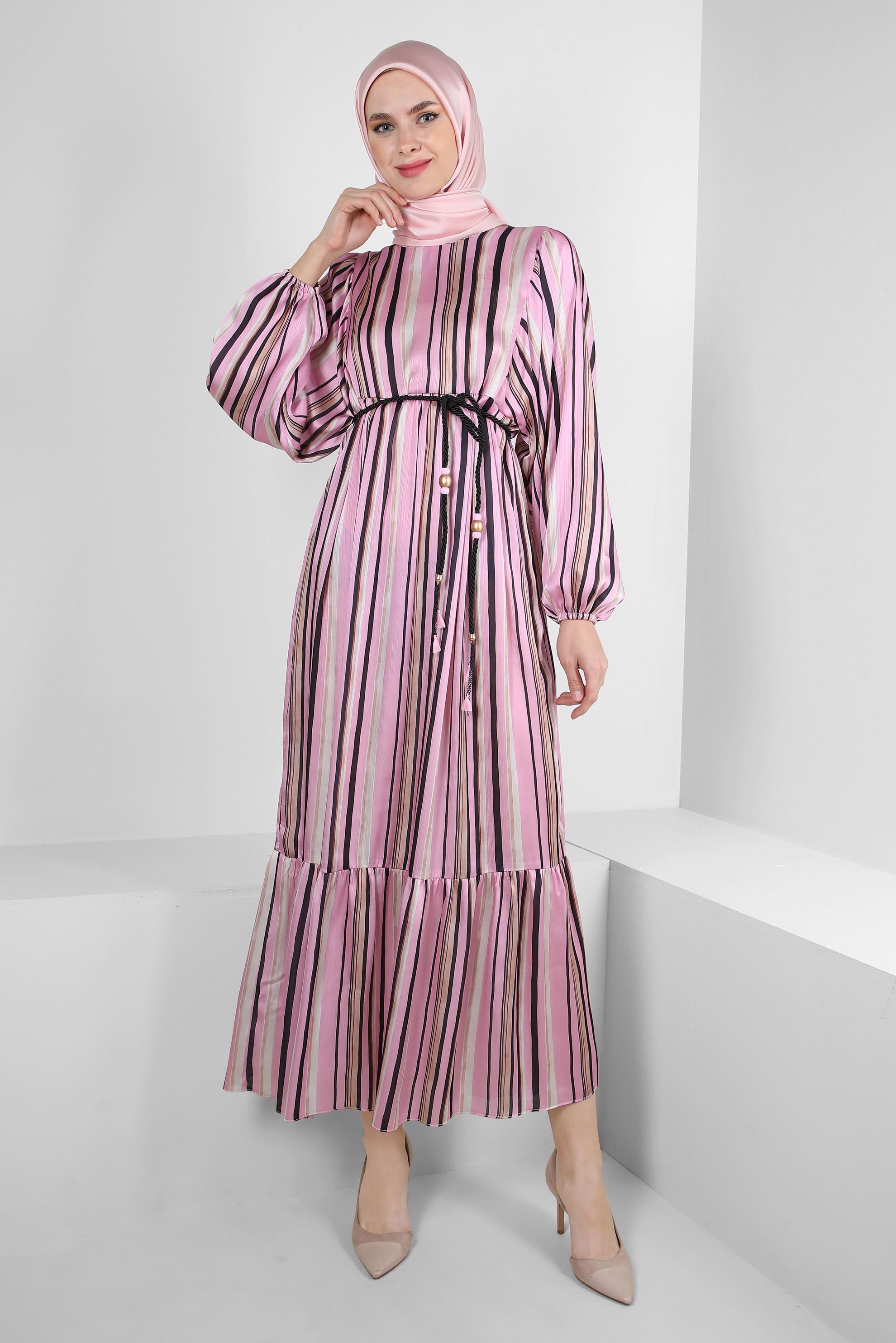 Tesettür giyim PEMBE ÇİZGİLİ MANŞETLERİ LASTİKLİ ELBİSE 43687