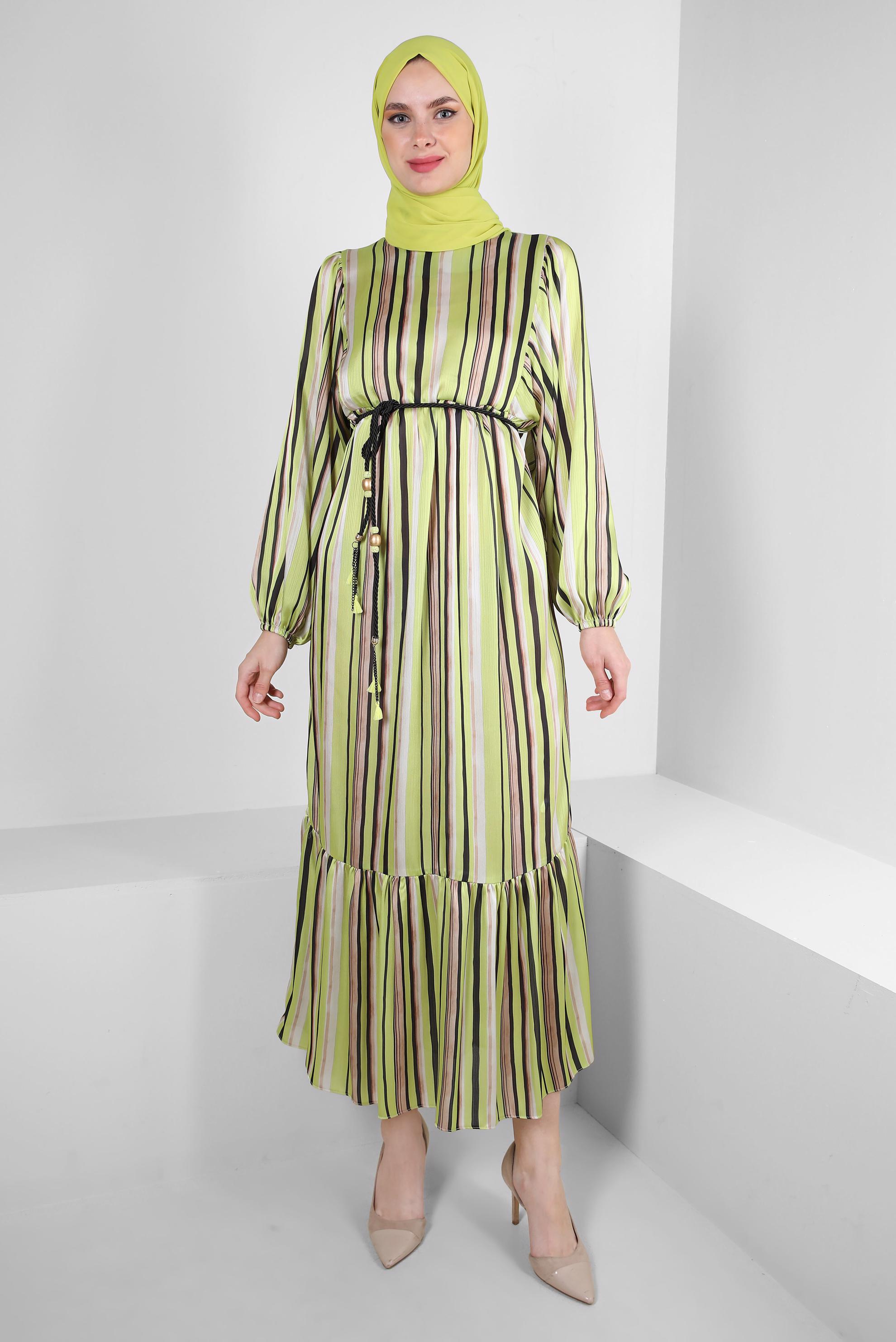 Tesettür giyim YEŞİL ÇİZGİLİ MANŞETLERİ LASTİKLİ ELBİSE 43687
