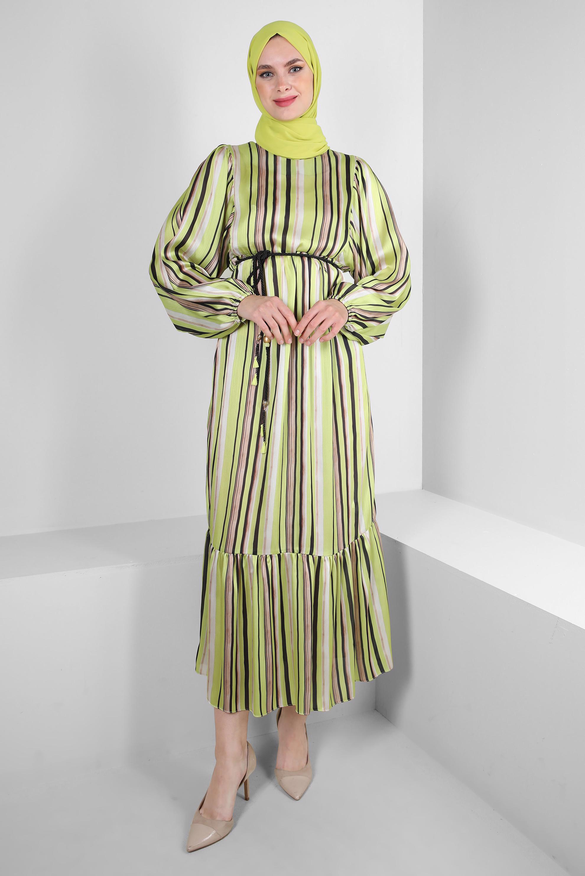 Tesettür giyim YEŞİL ÇİZGİLİ MANŞETLERİ LASTİKLİ ELBİSE 43687