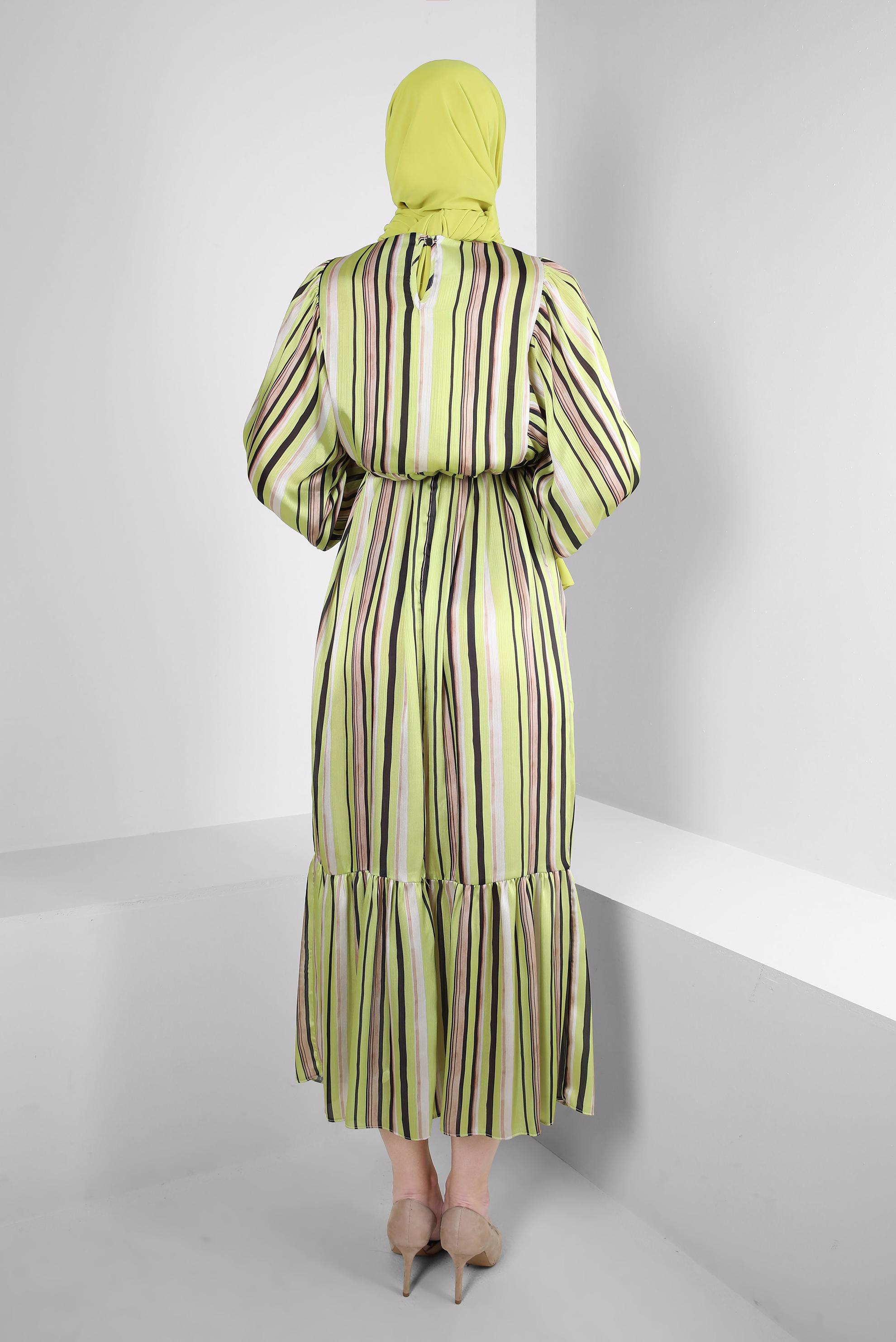 Tesettür giyim YEŞİL ÇİZGİLİ MANŞETLERİ LASTİKLİ ELBİSE 43687