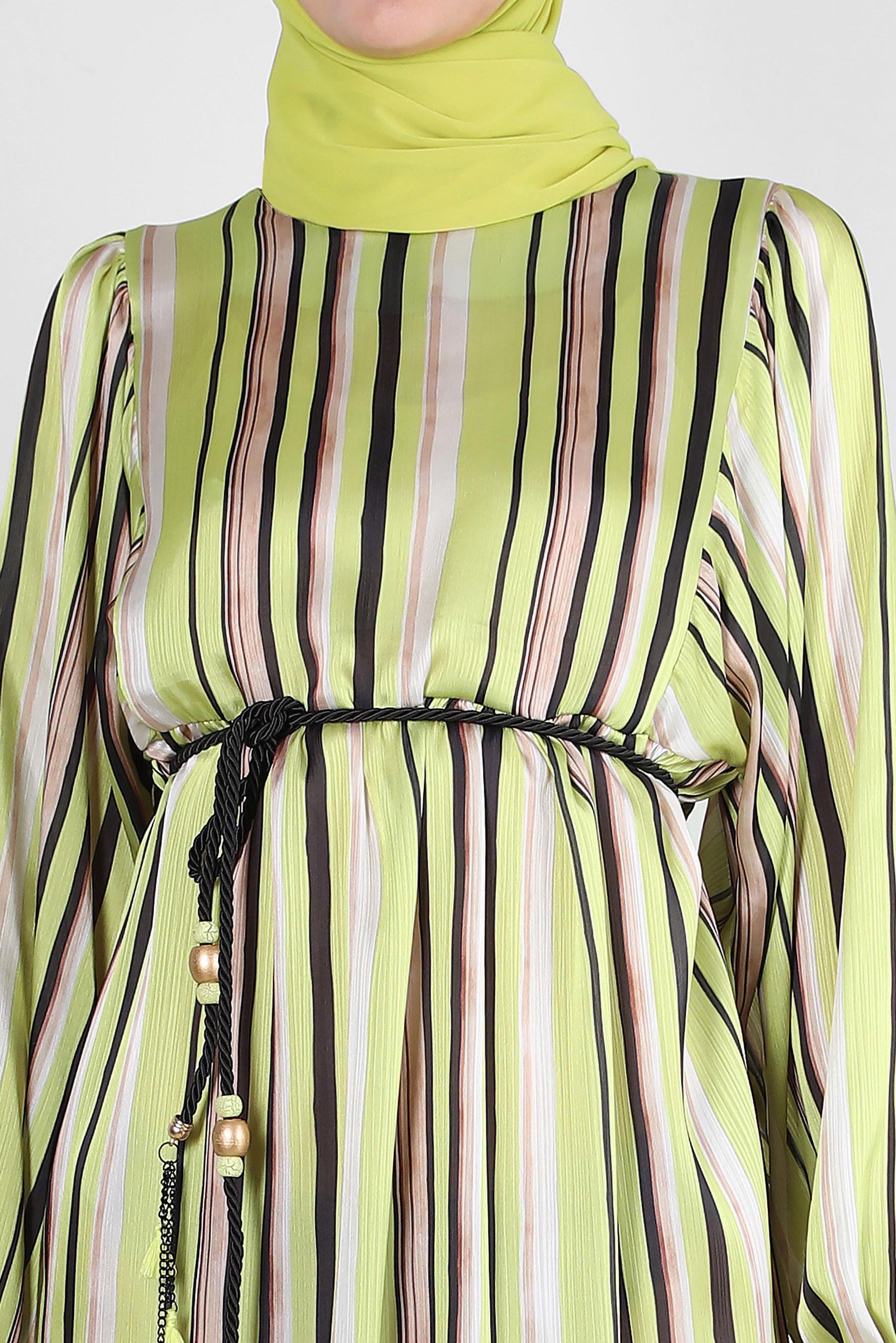 Tesettür giyim YEŞİL ÇİZGİLİ MANŞETLERİ LASTİKLİ ELBİSE 43687