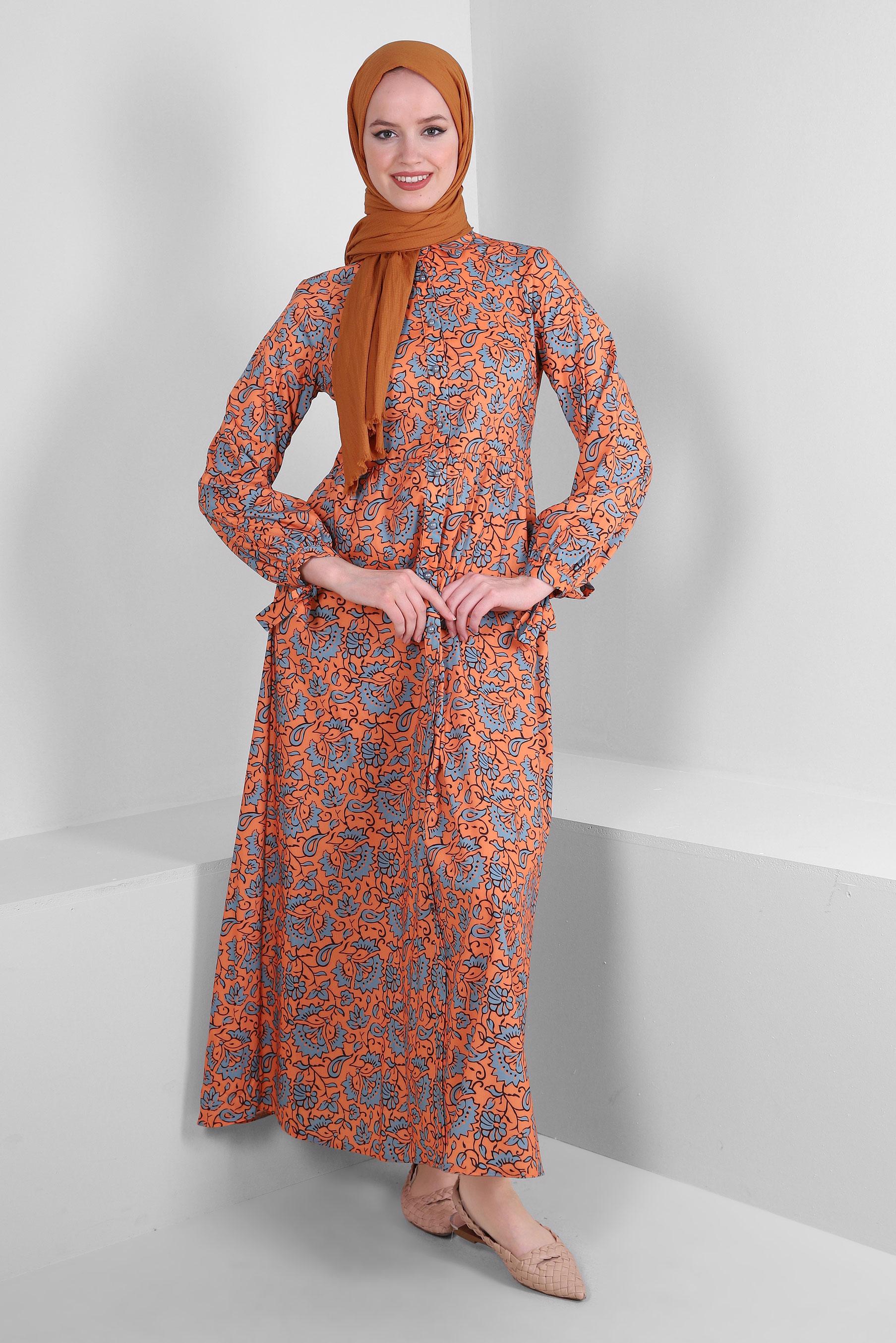Tesettür giyim TURUNCU ETNİK DESENLİ DÜĞMELİ ELBİSE 43688