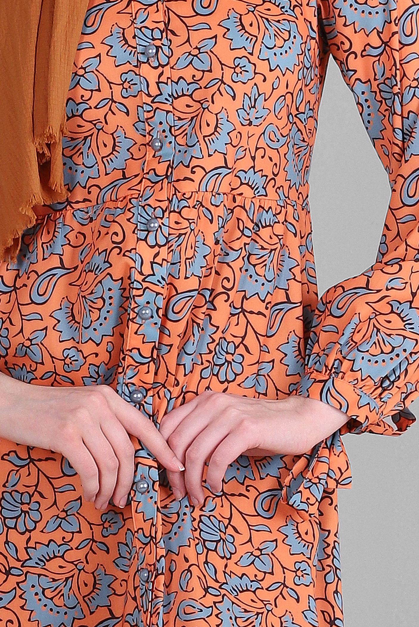 Tesettür giyim TURUNCU ETNİK DESENLİ DÜĞMELİ ELBİSE 43688