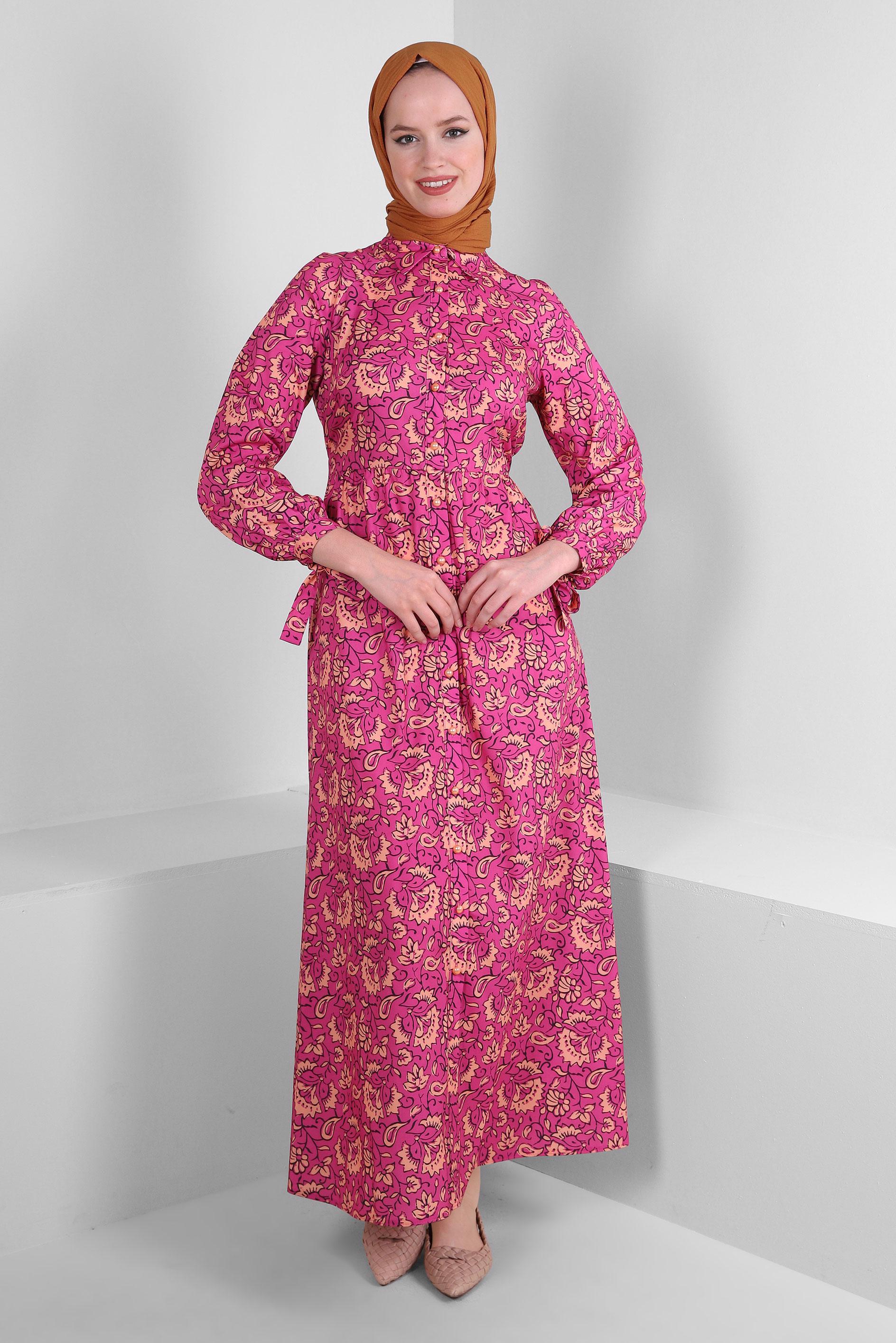 Tesettür giyim FUŞYA ETNİK DESENLİ DÜĞMELİ ELBİSE 43688